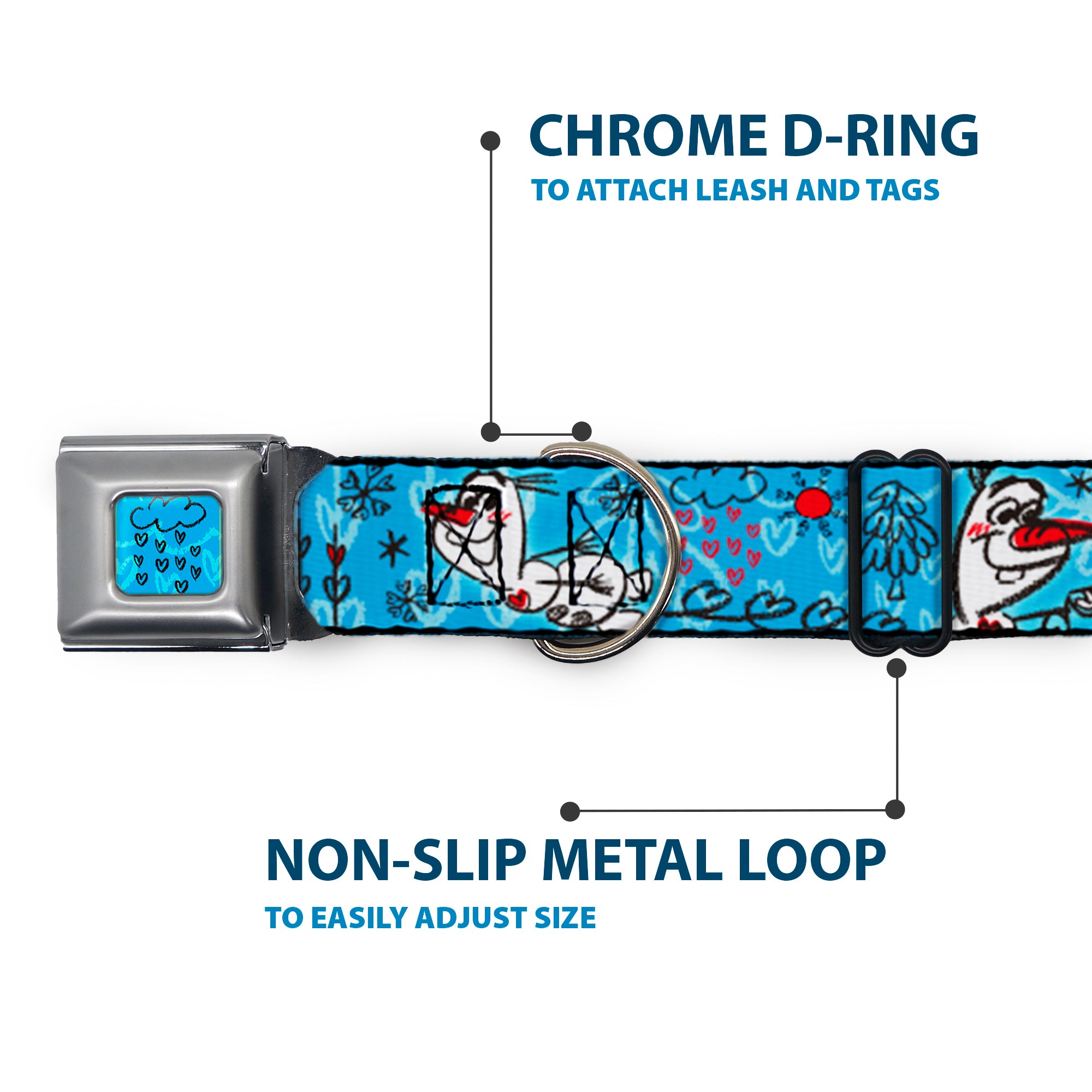 Frozen Cloud/Heart Raindrop Sketch Full Color Blues/Black Seatbelt Buckle Collar - Olaf Heart Raindrop Sketch Blues/Black Seatbelt Buckle Collars Disney