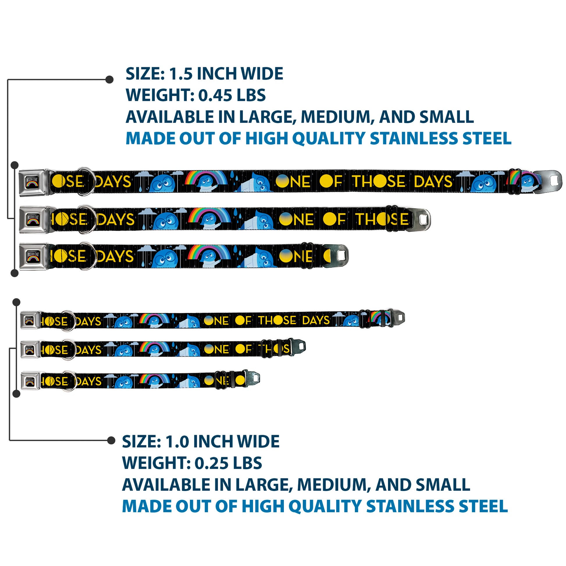 INSIDE OUT Rainbow Full Color Black/White/Multi Color Seatbelt Buckle Collar - Joy Poses/Rain ONE OF THOSE DAYS Black/Gray/Blues/Yellow Seatbelt Buckle Collars Disney