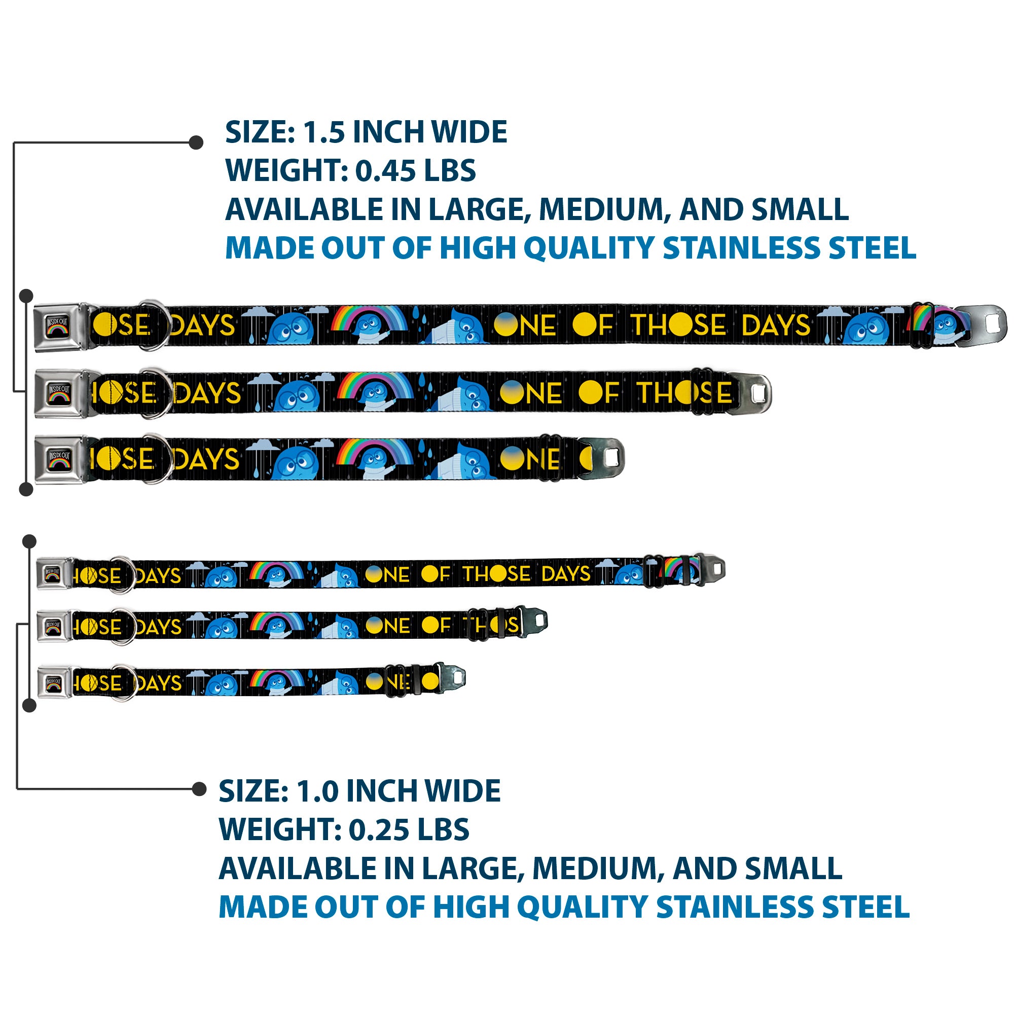 INSIDE OUT Rainbow Full Color Black/White/Multi Color Seatbelt Buckle Collar - Joy Poses/Rain ONE OF THOSE DAYS Black/Gray/Blues/Yellow Seatbelt Buckle Collars Disney