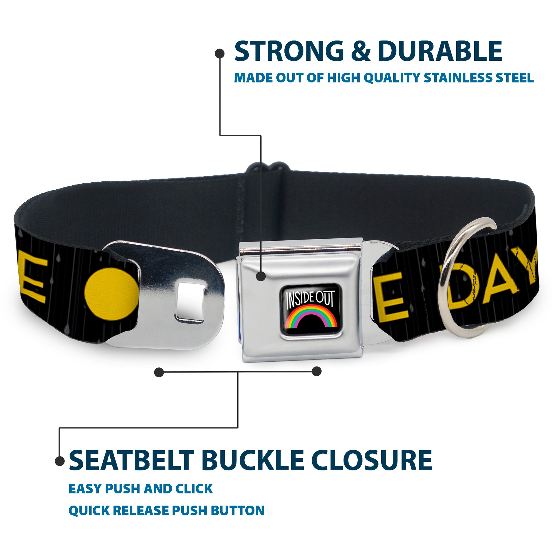 INSIDE OUT Rainbow Full Color Black/White/Multi Color Seatbelt Buckle Collar - Joy Poses/Rain ONE OF THOSE DAYS Black/Gray/Blues/Yellow Seatbelt Buckle Collars Disney