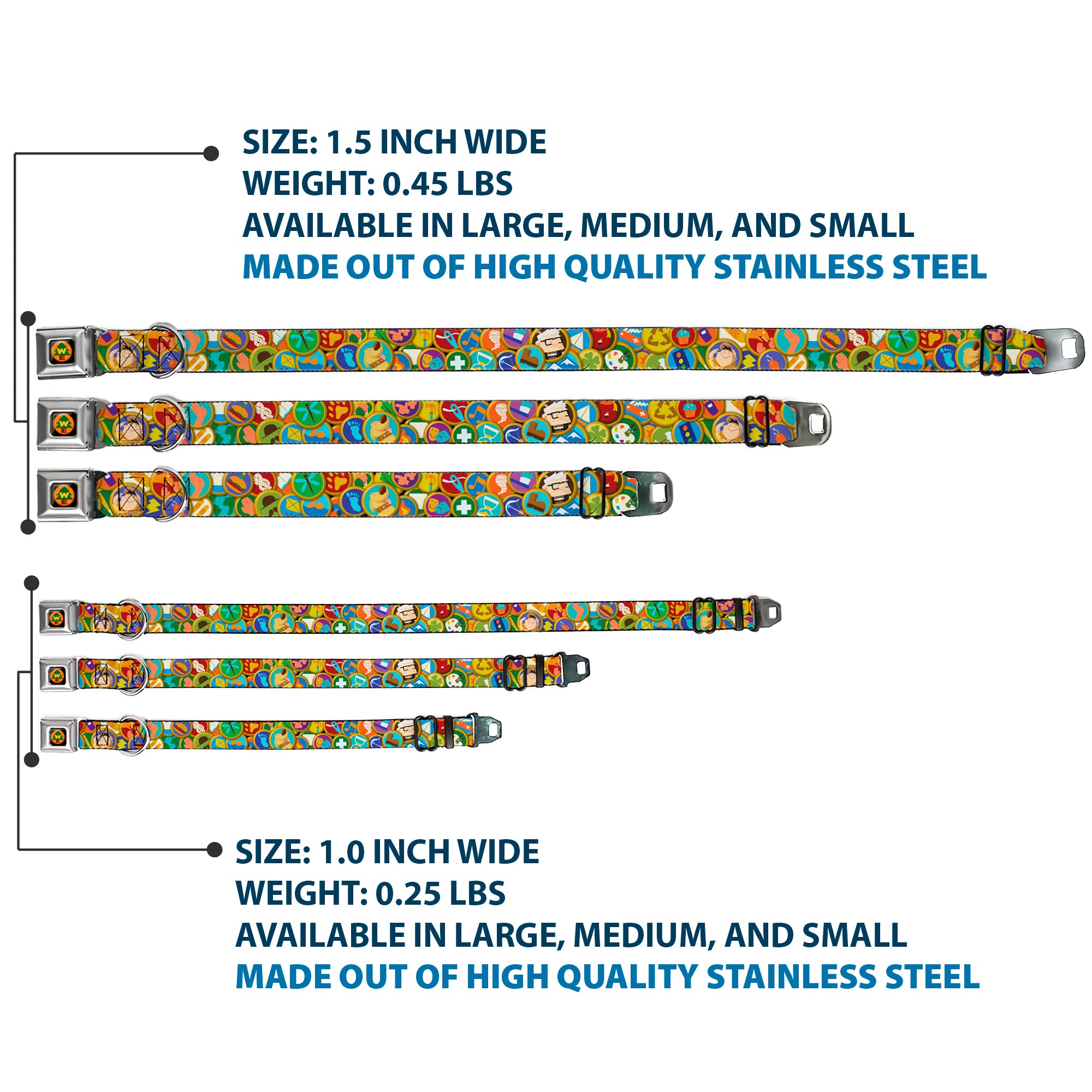 WE Wilderness Explorers Badge Full Color Black Seatbelt Buckle Collar - Stacked Wilderness Explorers Badges Seatbelt Buckle Collars Disney