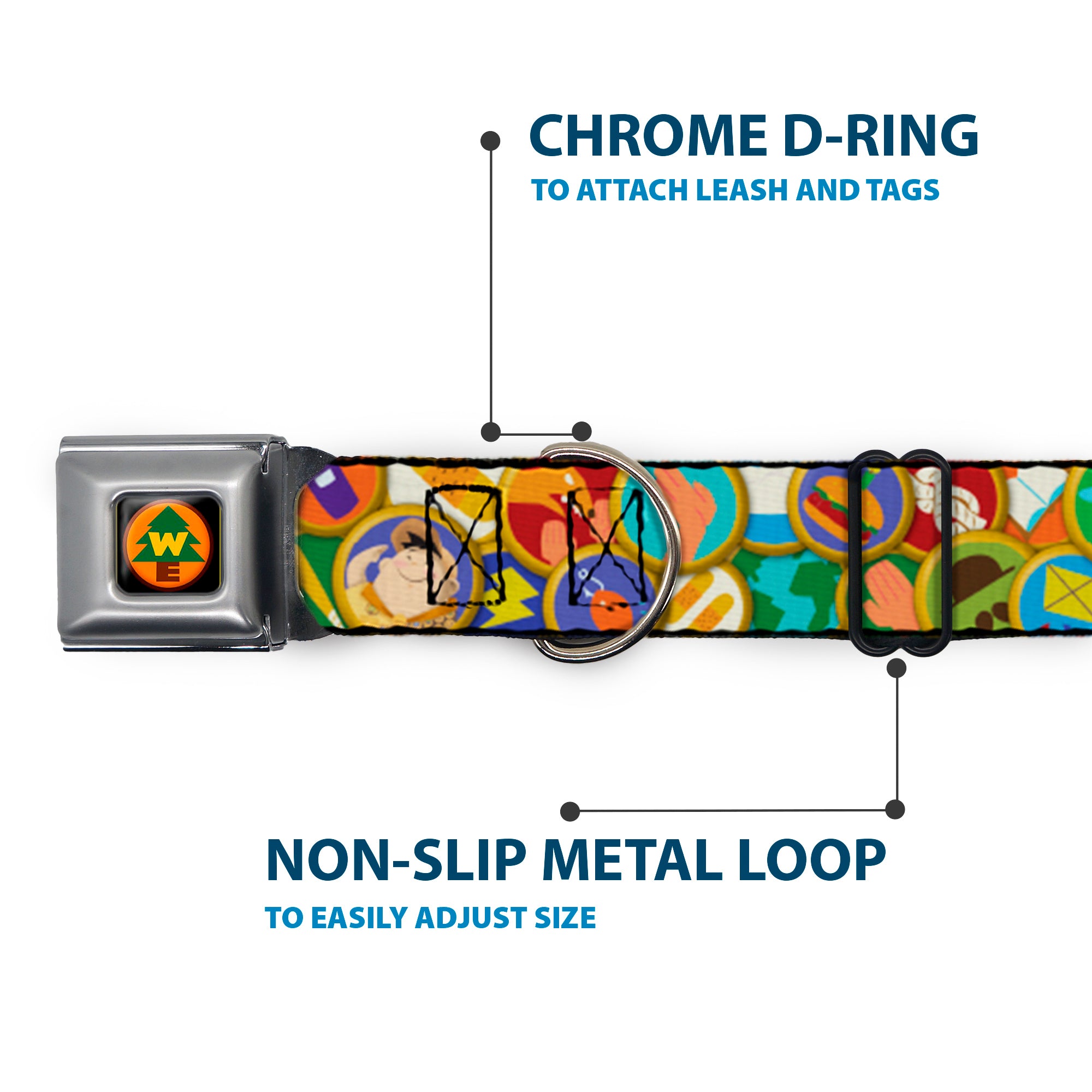 WE Wilderness Explorers Badge Full Color Black Seatbelt Buckle Collar - Stacked Wilderness Explorers Badges Seatbelt Buckle Collars Disney