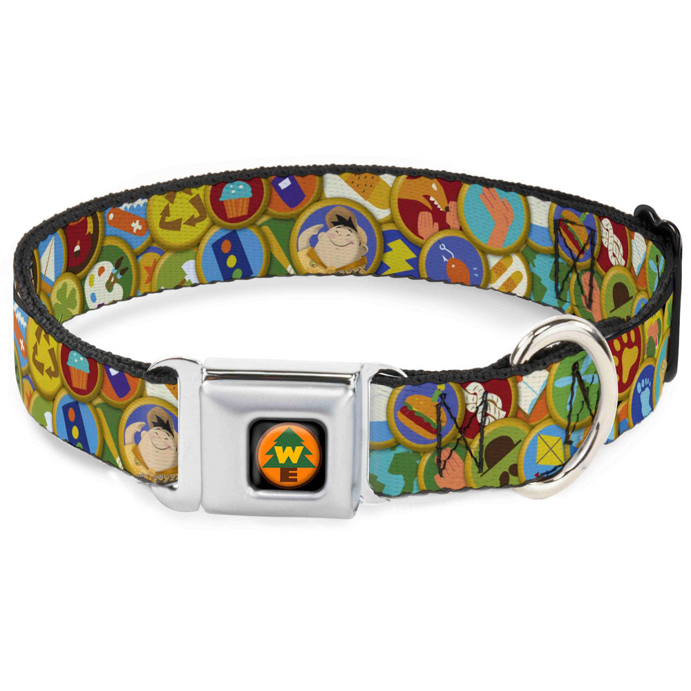 WE Wilderness Explorers Badge Full Color Black Seatbelt Buckle Collar - Stacked Wilderness Explorers Badges Seatbelt Buckle Collars Disney