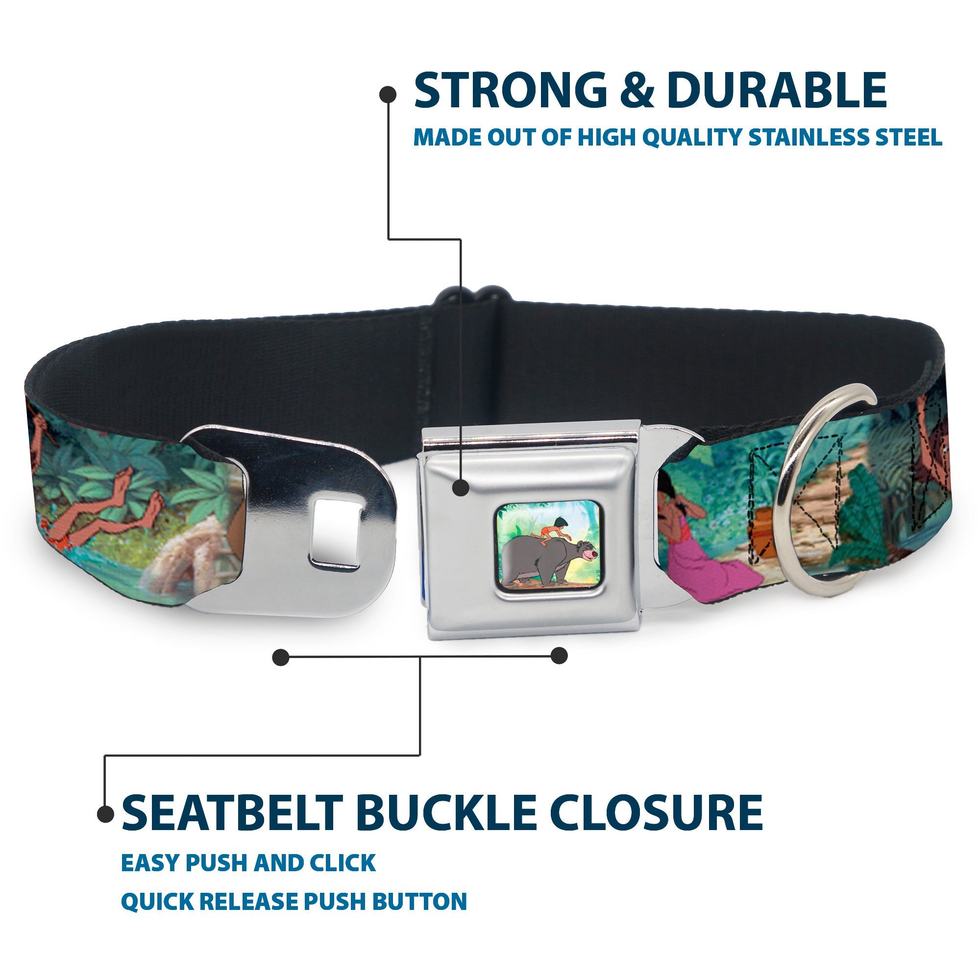 Mowgli Riding Baloo Full Color Seatbelt Buckle Collar - The Jungle Book Scenes Seatbelt Buckle Collars Disney
