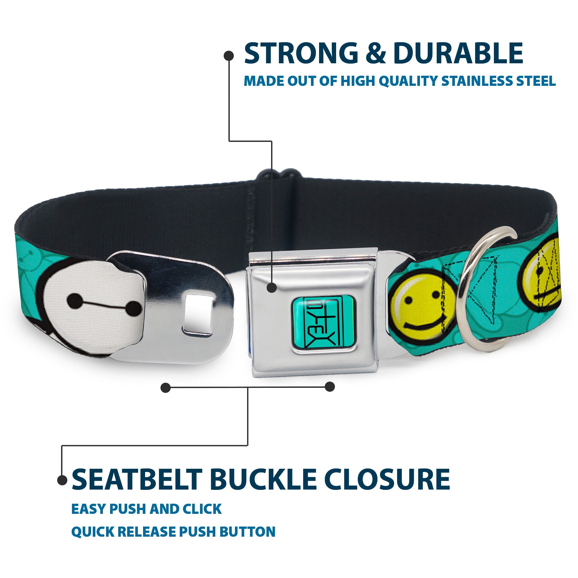 BAYMAX Hanko Full Color Turquoise Black Seatbelt Buckle Collar - Baymax/Mood Expressions/Baymax Scattered Turquoise Seatbelt Buckle Collars Disney