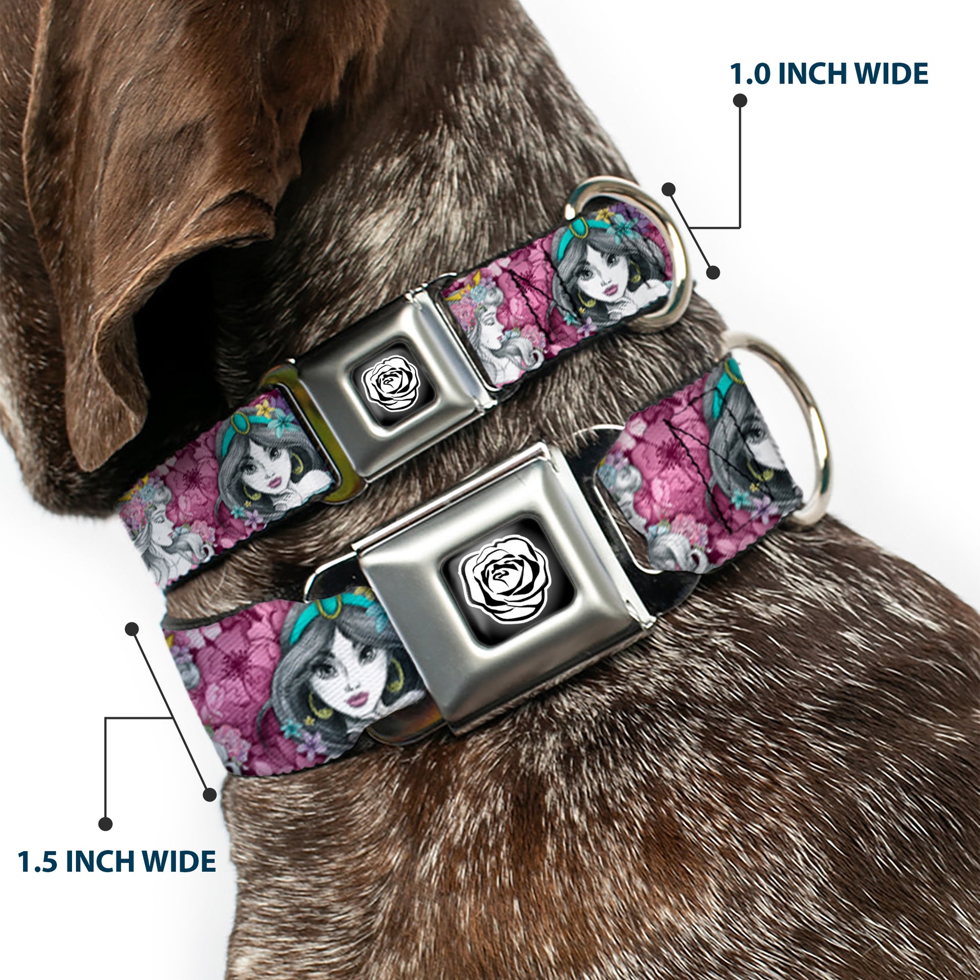 Princess Rose Full Color Grays/White/Black Seatbelt Buckle Collar - Princess Sketch Poses/Floral Collage Pinks/Grays Seatbelt Buckle Collars Disney