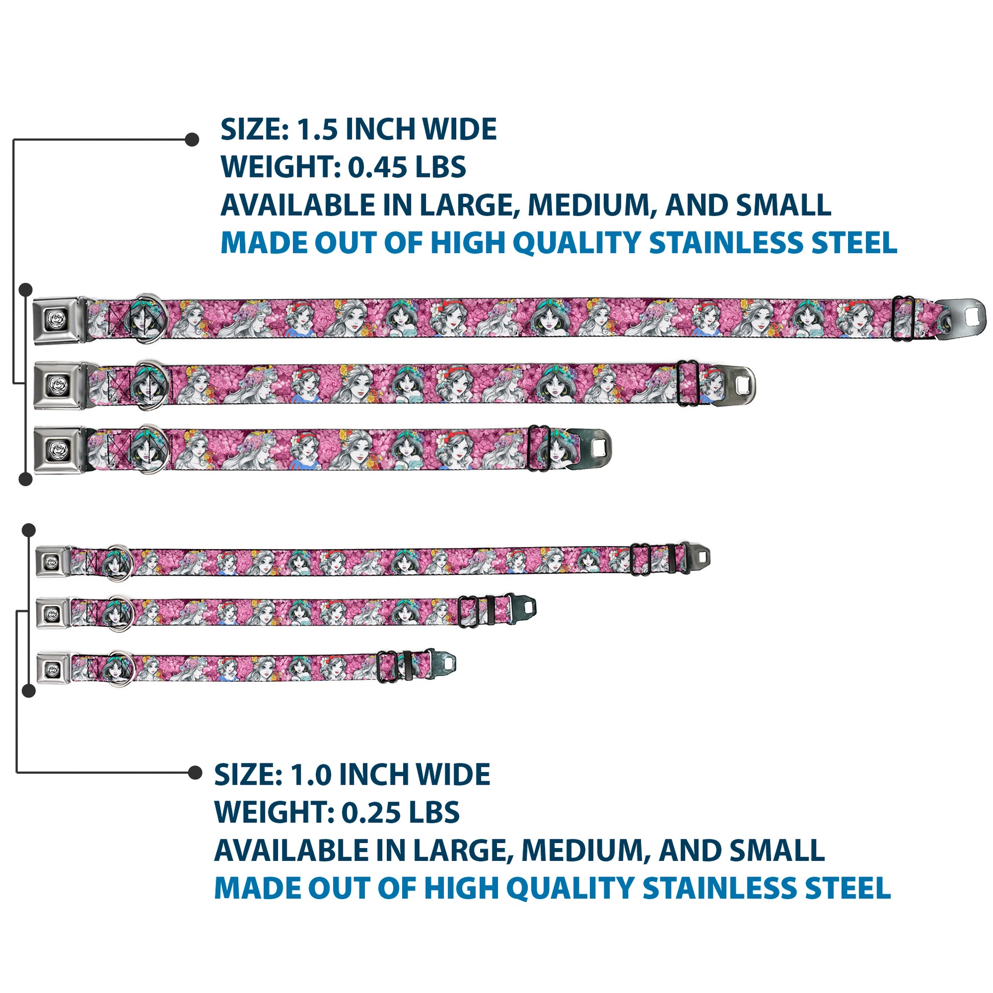 Princess Rose Full Color Grays/White/Black Seatbelt Buckle Collar - Princess Sketch Poses/Floral Collage Pinks/Grays Seatbelt Buckle Collars Disney