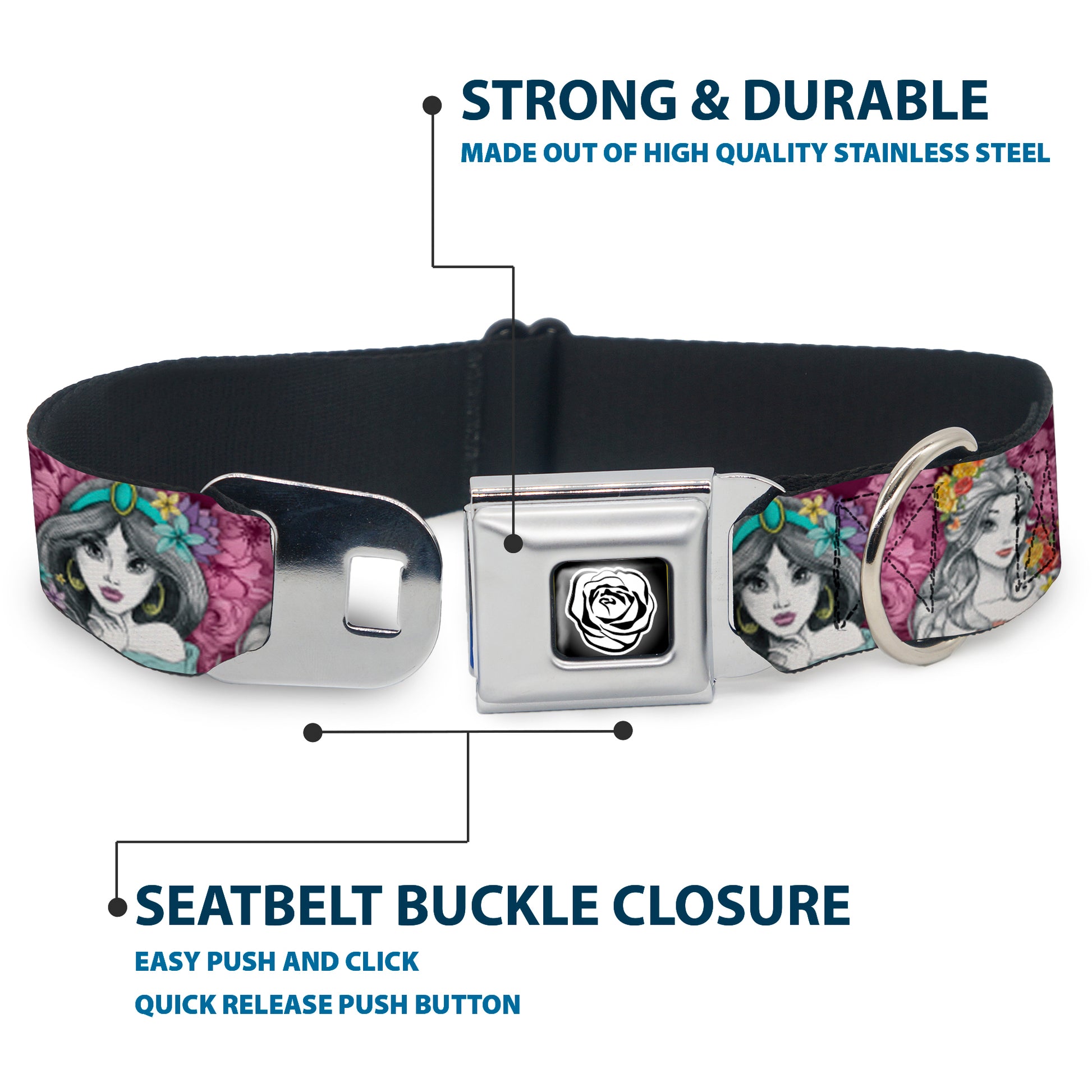 Princess Rose Full Color Grays/White/Black Seatbelt Buckle Collar - Princess Sketch Poses/Floral Collage Pinks/Grays Seatbelt Buckle Collars Disney