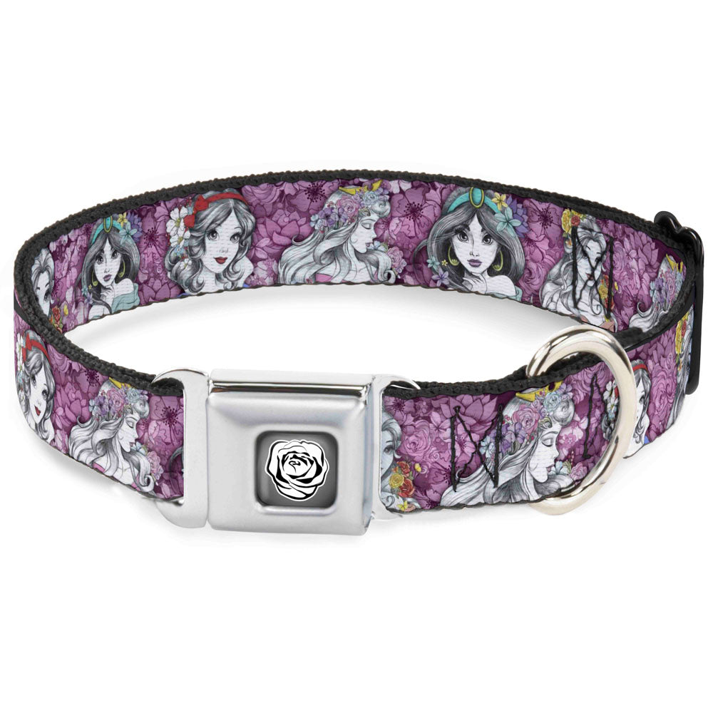 Princess Rose Full Color Grays/White/Black Seatbelt Buckle Collar - Princess Sketch Poses/Floral Collage Pinks/Grays Seatbelt Buckle Collars Disney