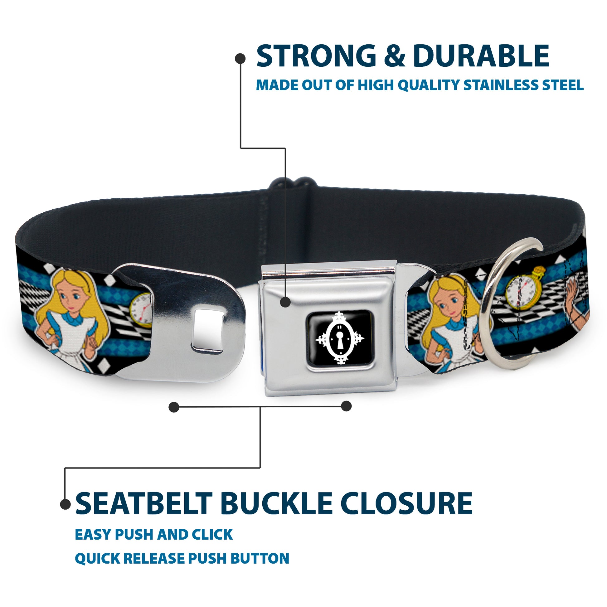 Alice Keyhole Full Color Black/White Seatbelt Buckle Collar - Alice in Wonderland Poses/Clock/Bottle Diamond/Stripe Black/White/Blues Seatbelt Buckle Collars Disney