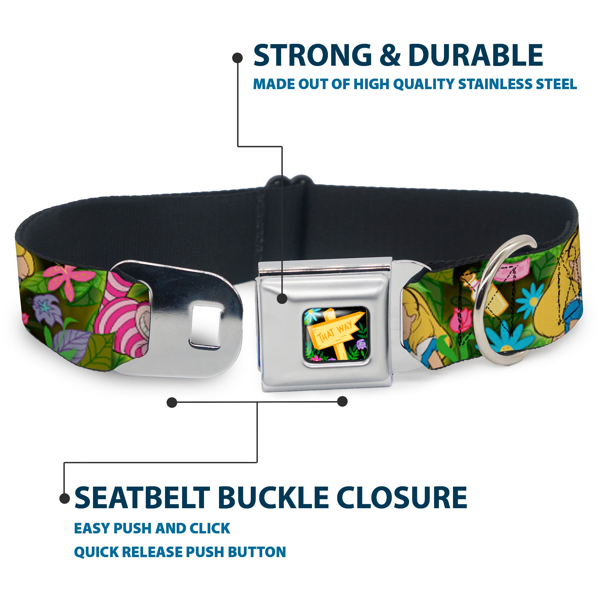 Alice in Wonderland THIS WAY Sign/Flowers Full Color Seatbelt Buckle Collar - Alice & Cheshire Cat Poses/Flowers Seatbelt Buckle Collars Disney