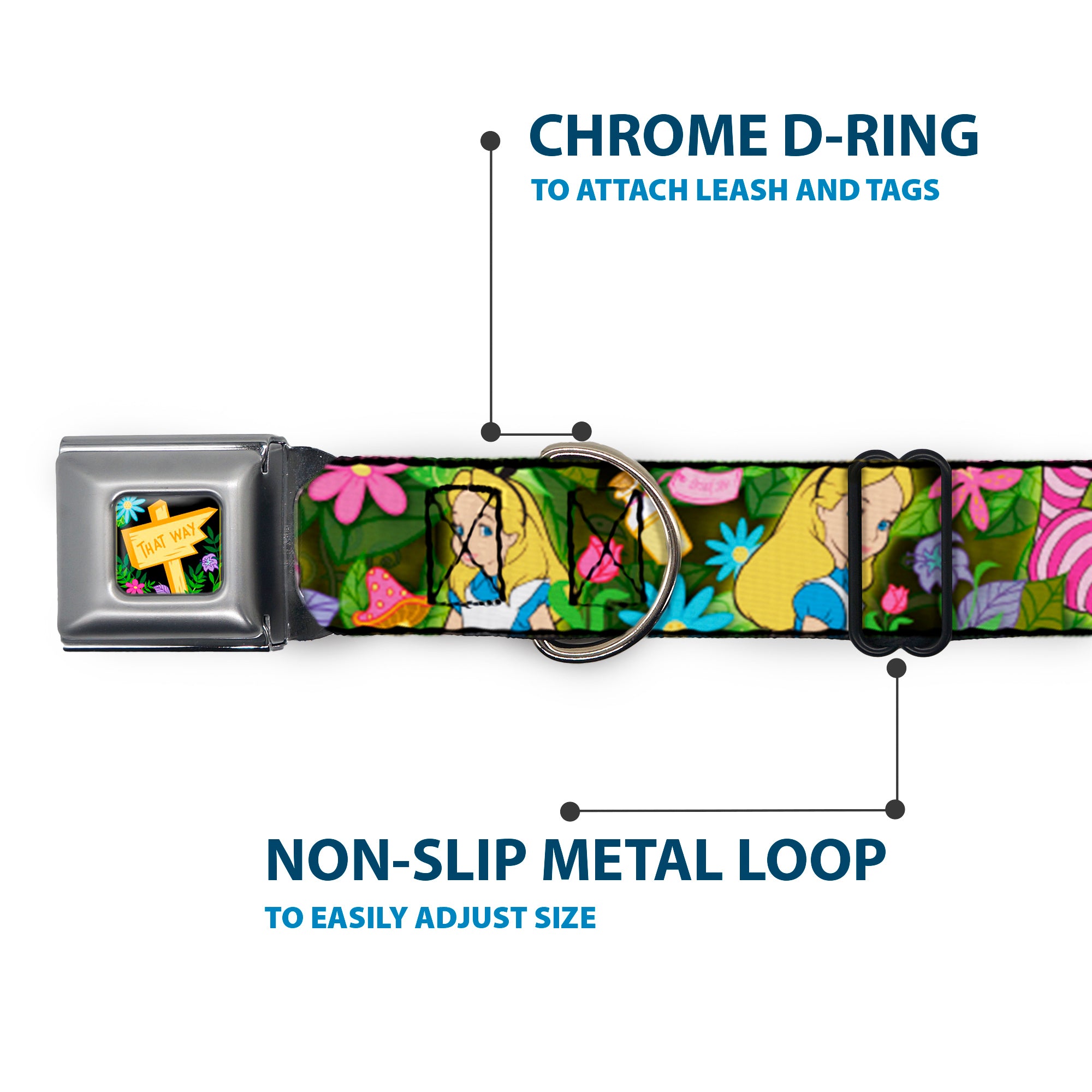 Alice in Wonderland THIS WAY Sign/Flowers Full Color Seatbelt Buckle Collar - Alice & Cheshire Cat Poses/Flowers Seatbelt Buckle Collars Disney