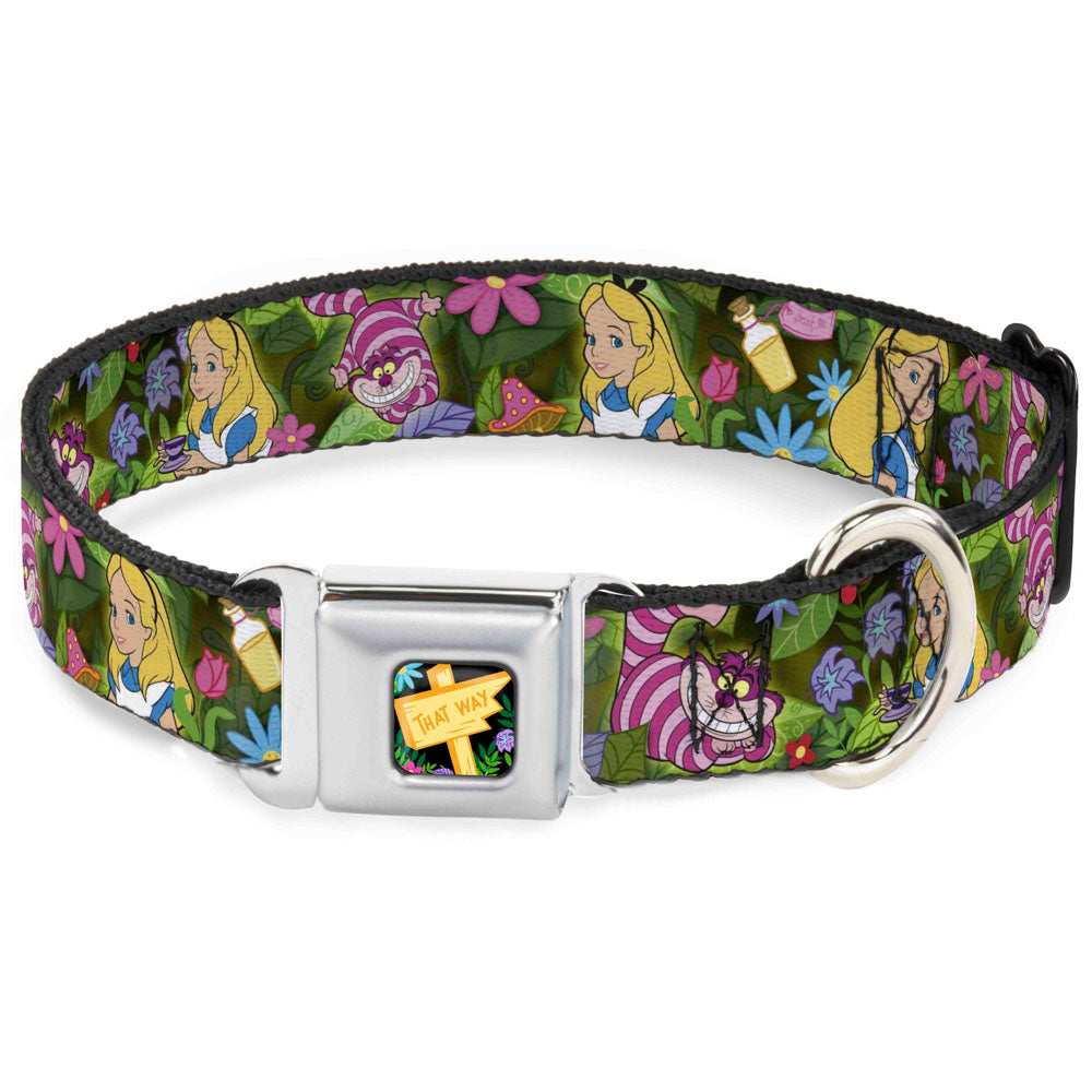 Alice in Wonderland THIS WAY Sign/Flowers Full Color Seatbelt Buckle Collar - Alice & Cheshire Cat Poses/Flowers Seatbelt Buckle Collars Disney