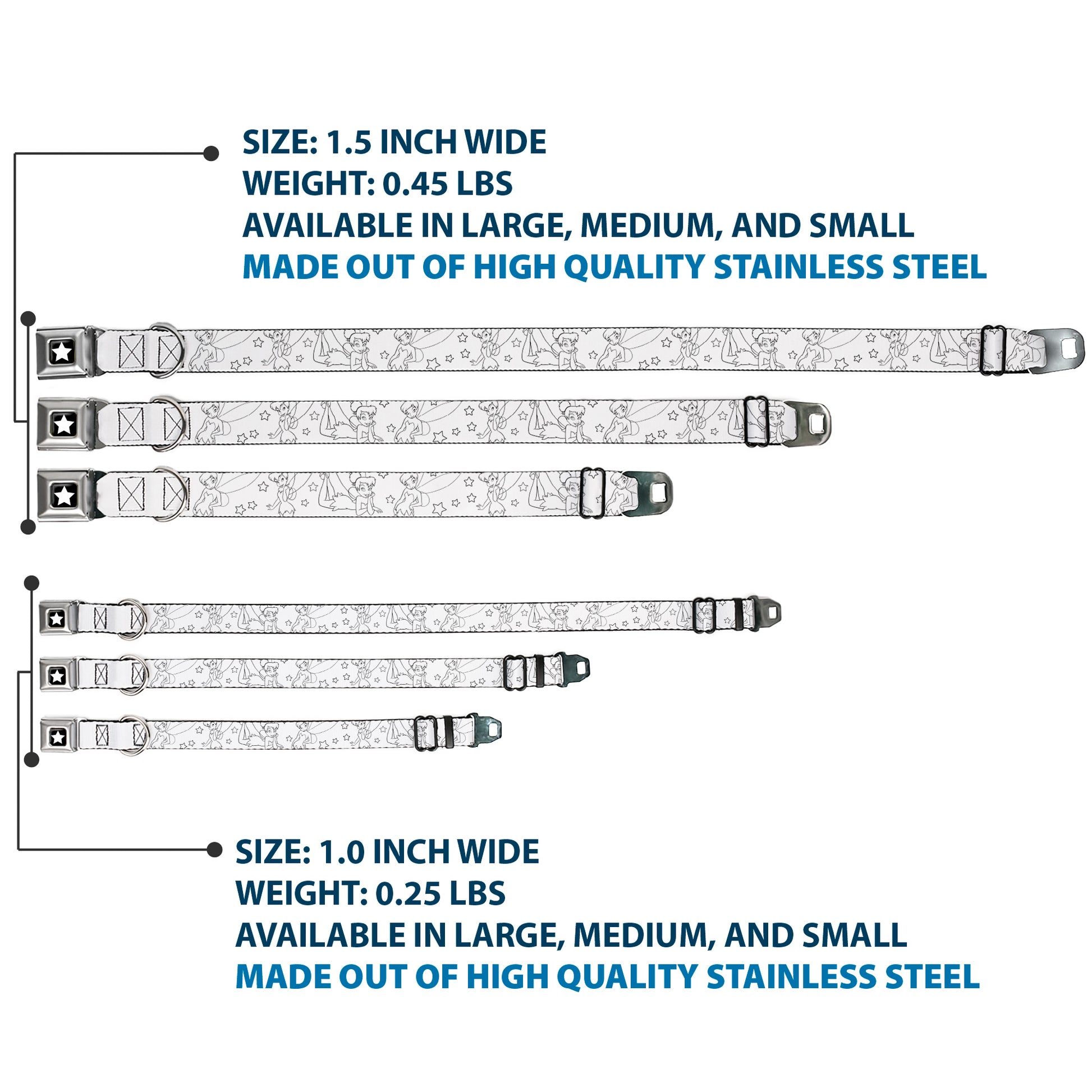 Tinker Bell Star Full Color Black/White Seatbelt Buckle Collar - Tinker Bell Poses/Stars Outline White/Black Seatbelt Buckle Collars Disney
