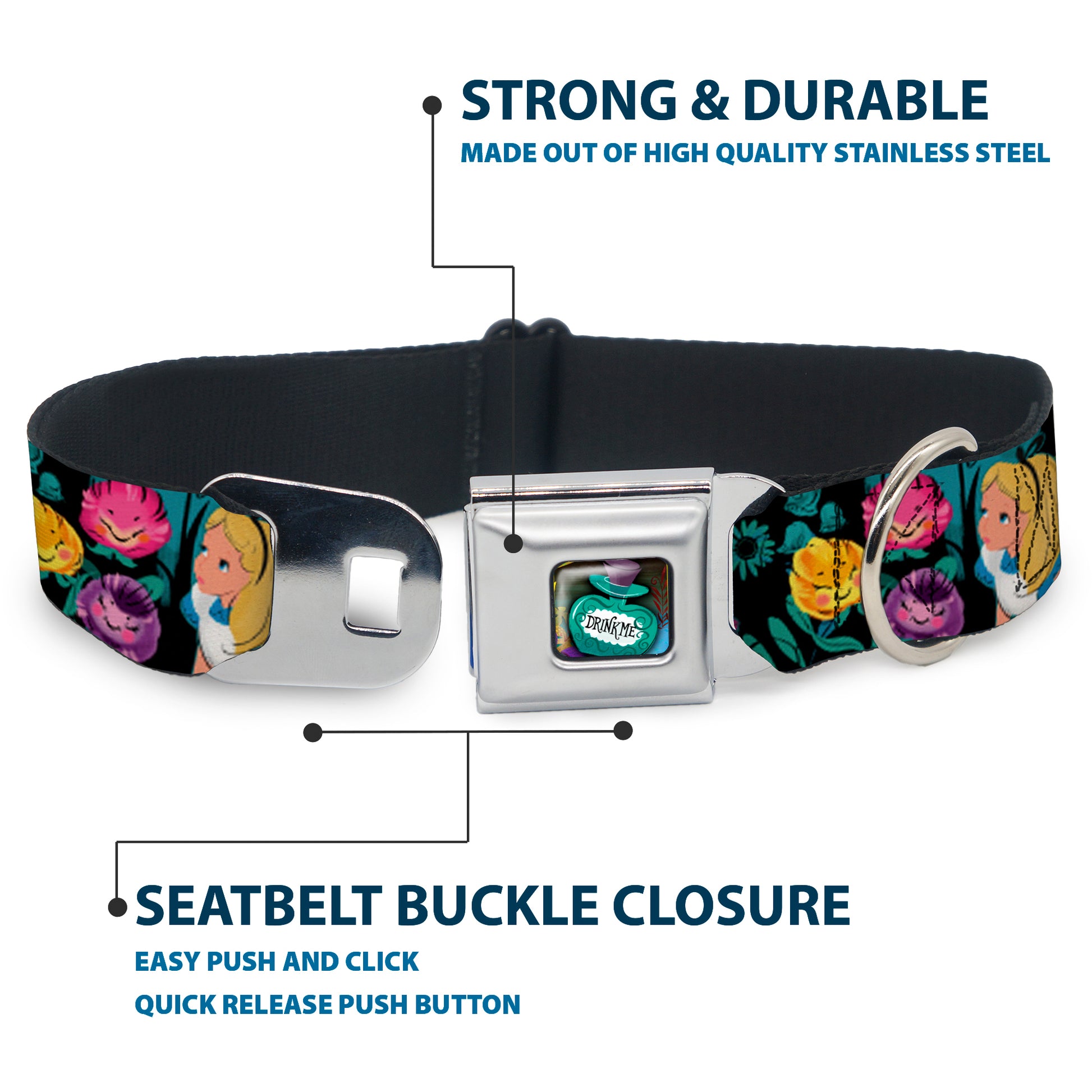 Alice in Wonderland DRINK ME Bottle Full Color Seatbelt Buckle Collar - Alice/Cheshire Cat/Flowers Poses Black/Multi Color Seatbelt Buckle Collars Disney