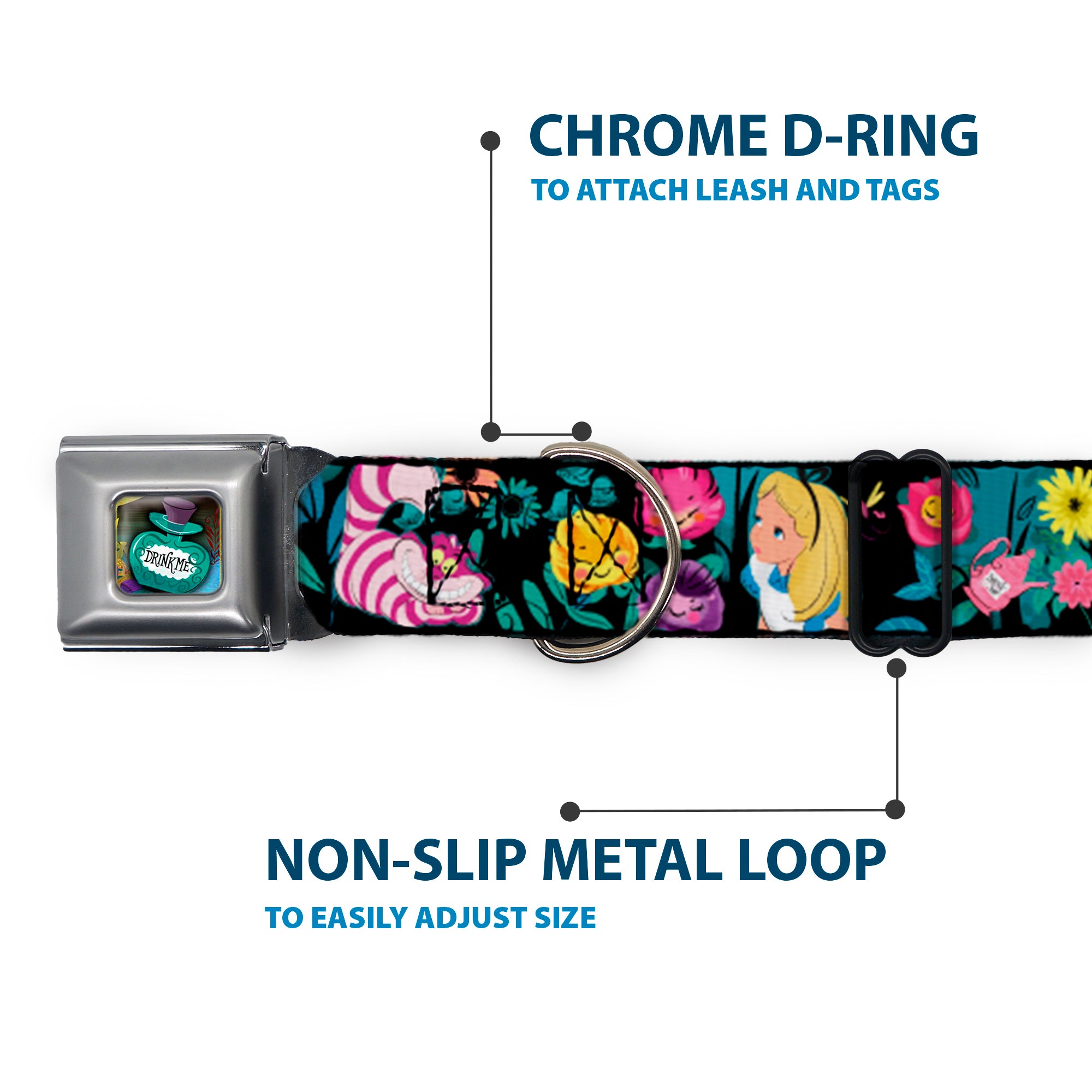 Alice in Wonderland DRINK ME Bottle Full Color Seatbelt Buckle Collar - Alice/Cheshire Cat/Flowers Poses Black/Multi Color Seatbelt Buckle Collars Disney