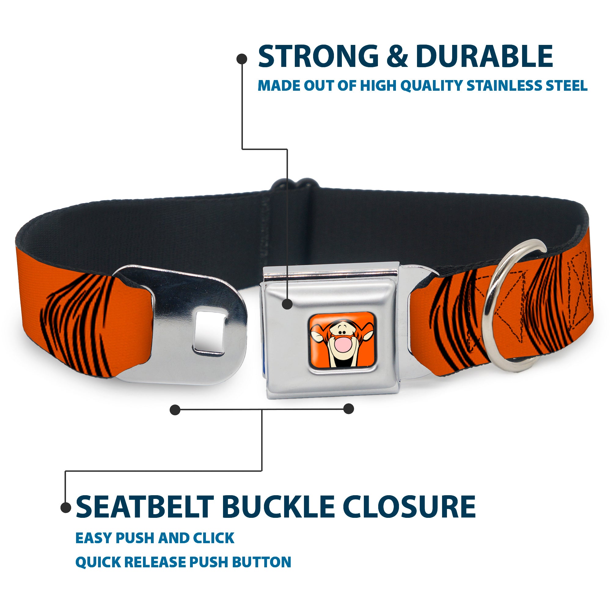 Tigger Face CLOSE-UP Full Color Orange Seatbelt Buckle Collar - Tigger Stripes Orange/Black Seatbelt Buckle Collars Disney