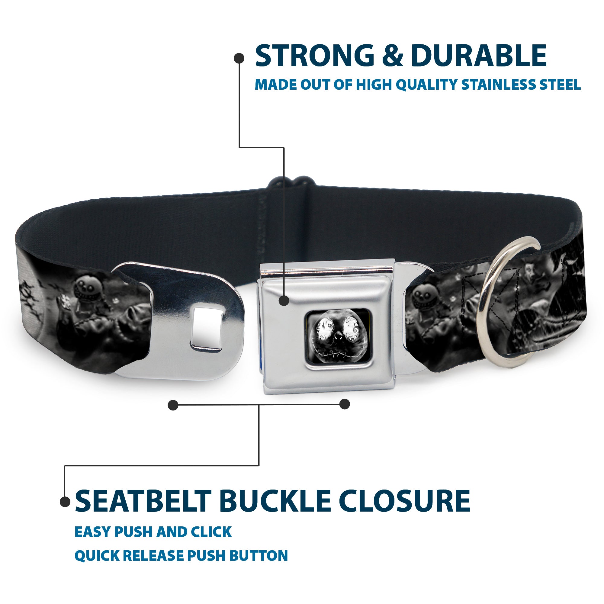 Jack Moon Oogie Boogie Face Full Color Black Grays Seatbelt Buckle Collar - Jack & Oogie Boogie Scenes Grays Seatbelt Buckle Collars Disney