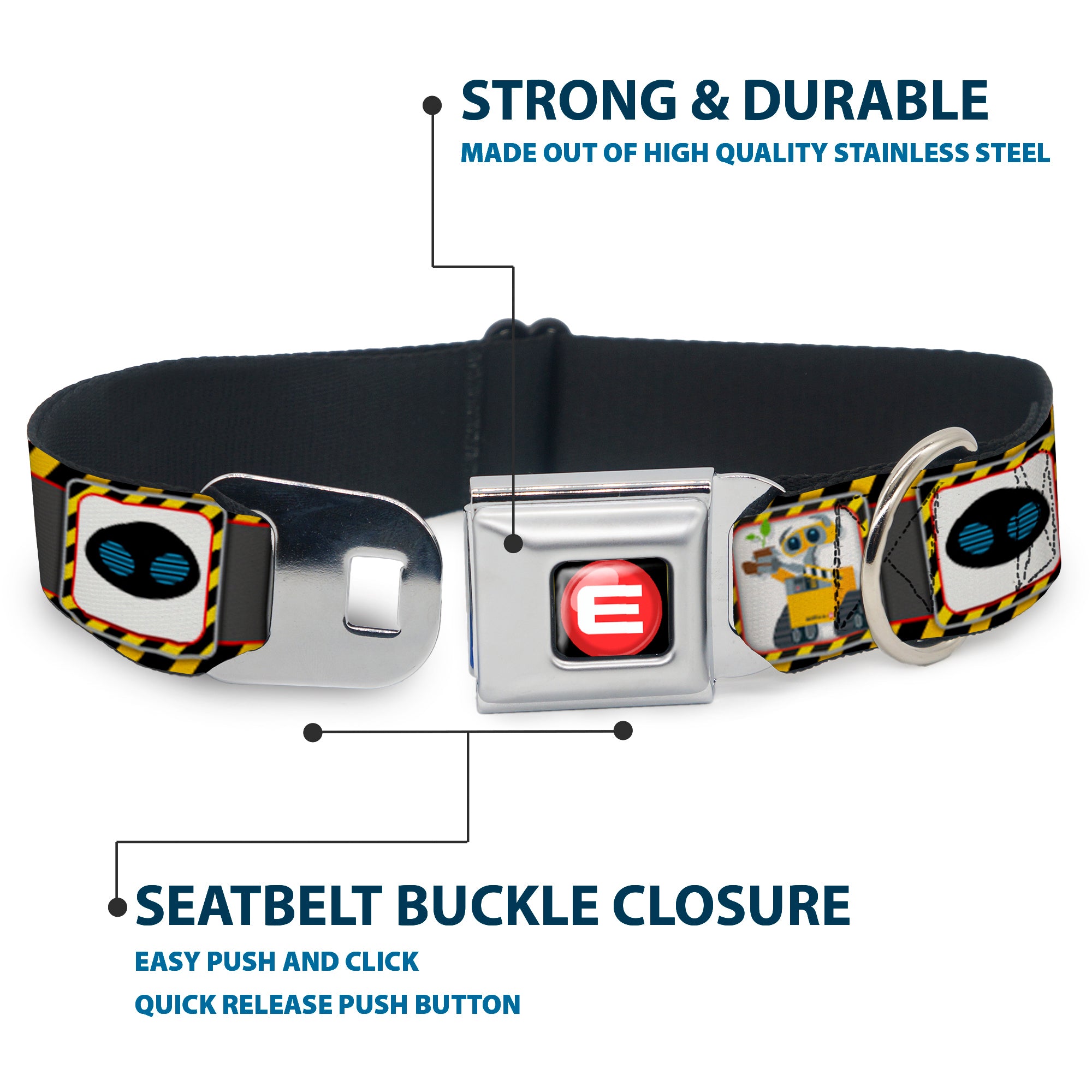 WALL-E Logo Full Color Black Red White Seatbelt Buckle Collar - WALL-E & EVE Pose/Face Hazard Blocks Gray/Yellow/Black Seatbelt Buckle Collars Disney