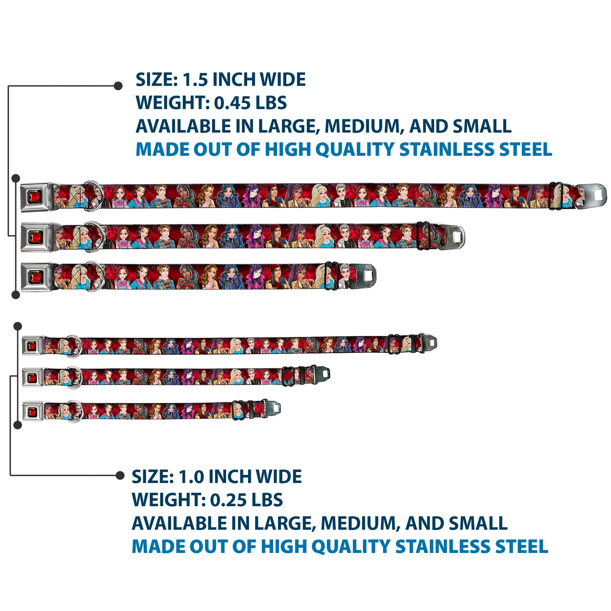 Descendants Apple Full Color Black/Red/Gold Seatbelt Buckle Collar - Descendants 11-Character Group Pose Reds/Gray Seatbelt Buckle Collars Disney