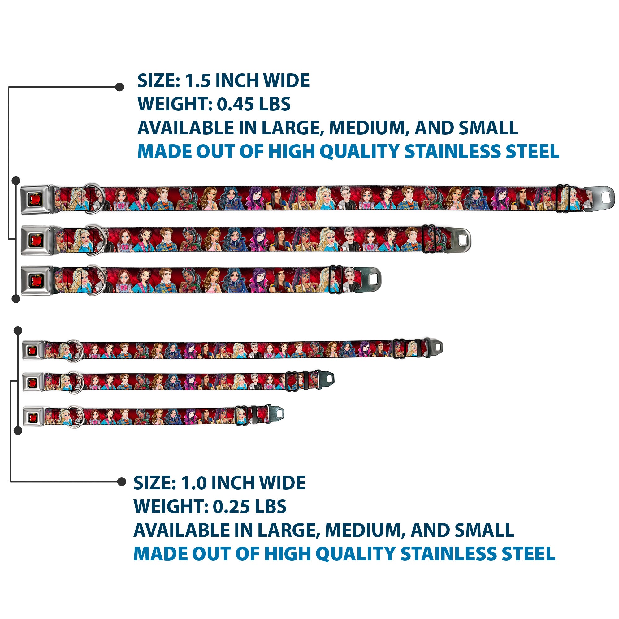 Descendants Apple Full Color Black/Red/Gold Seatbelt Buckle Collar - Descendants 11-Character Group Pose Reds/Gray Seatbelt Buckle Collars Disney