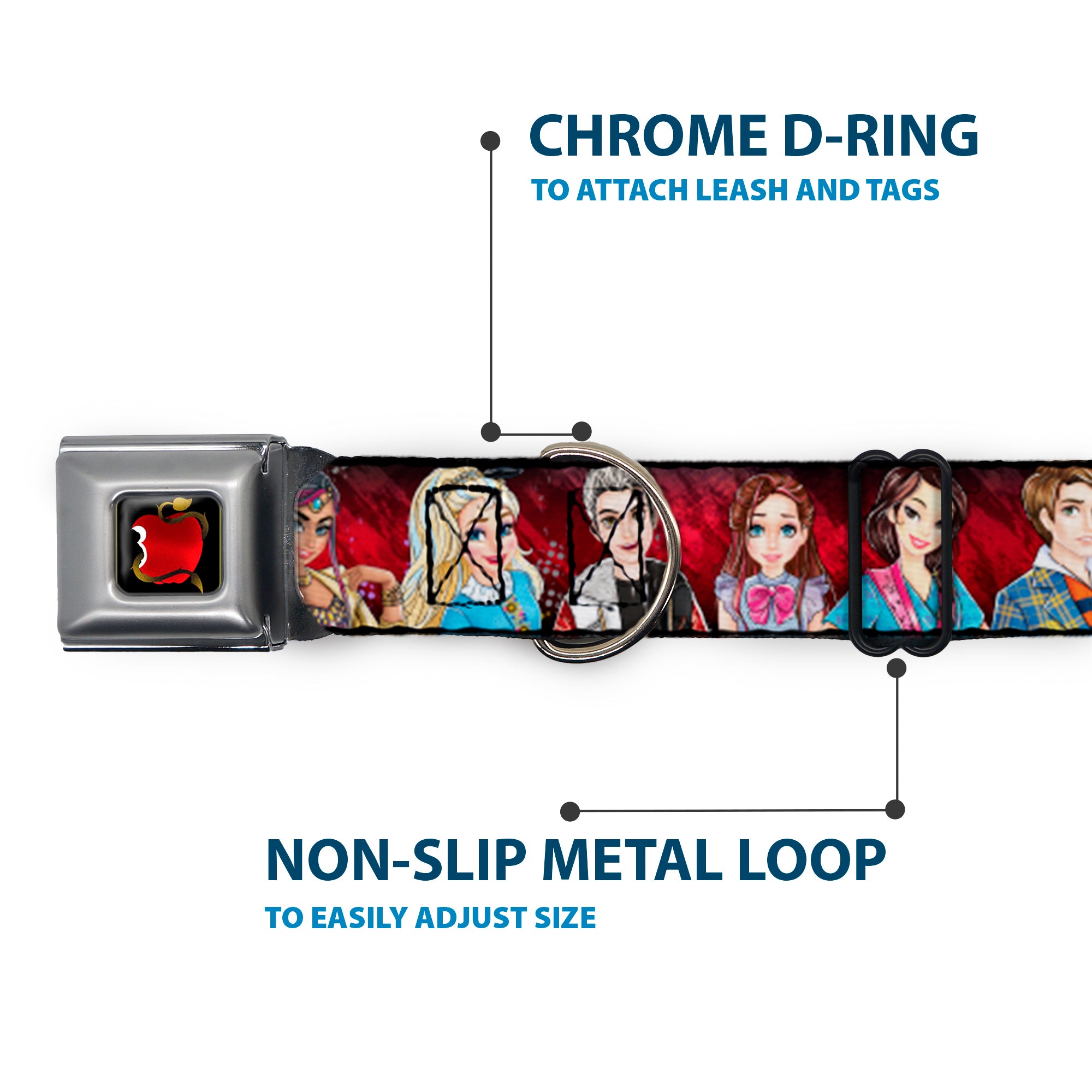 Descendants Apple Full Color Black/Red/Gold Seatbelt Buckle Collar - Descendants 11-Character Group Pose Reds/Gray Seatbelt Buckle Collars Disney