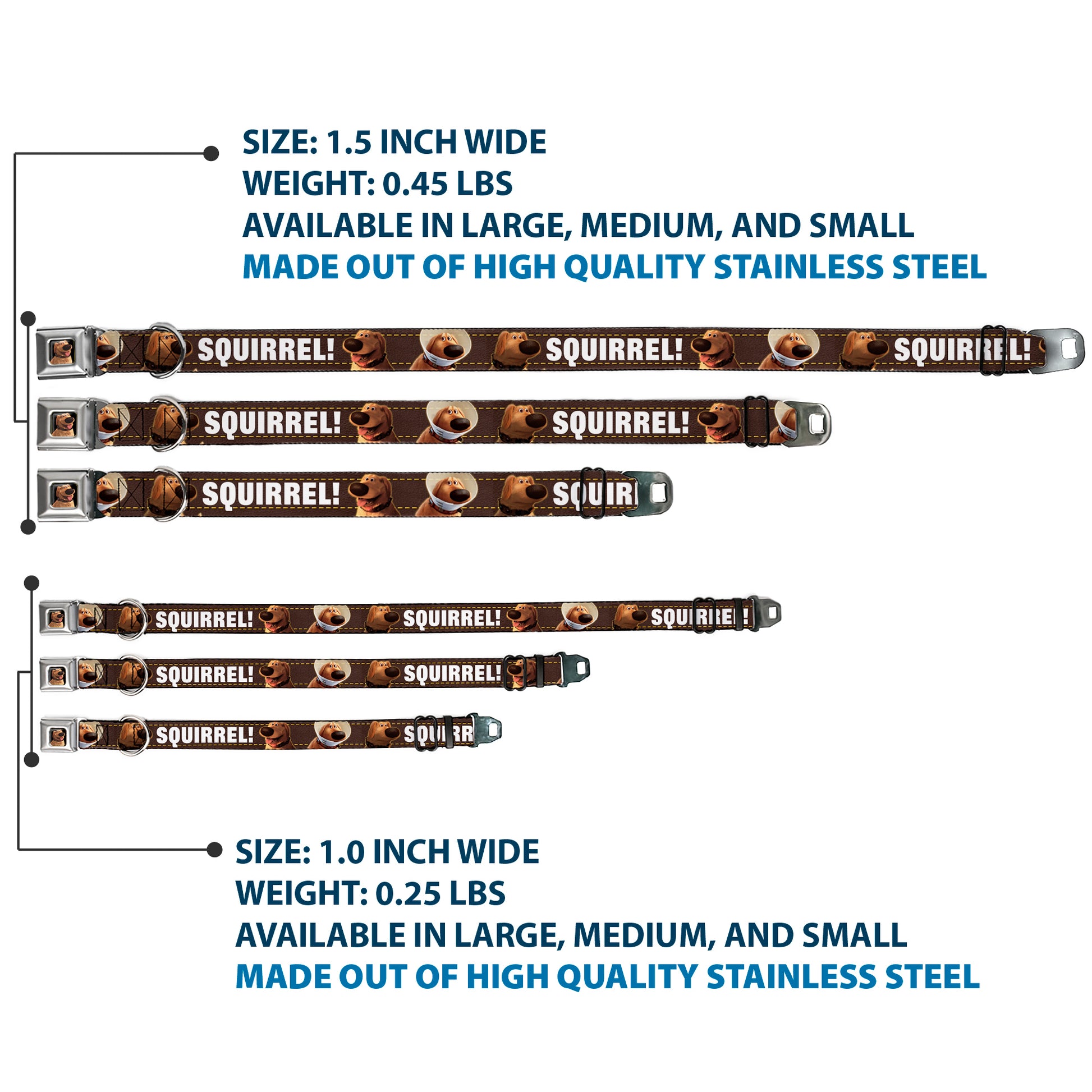 Dug Tongue Out Pose Full Color Black Seatbelt Buckle Collar - Dug 3-Poses/SQUIRREL! Brown/Yellow/White Seatbelt Buckle Collars Disney