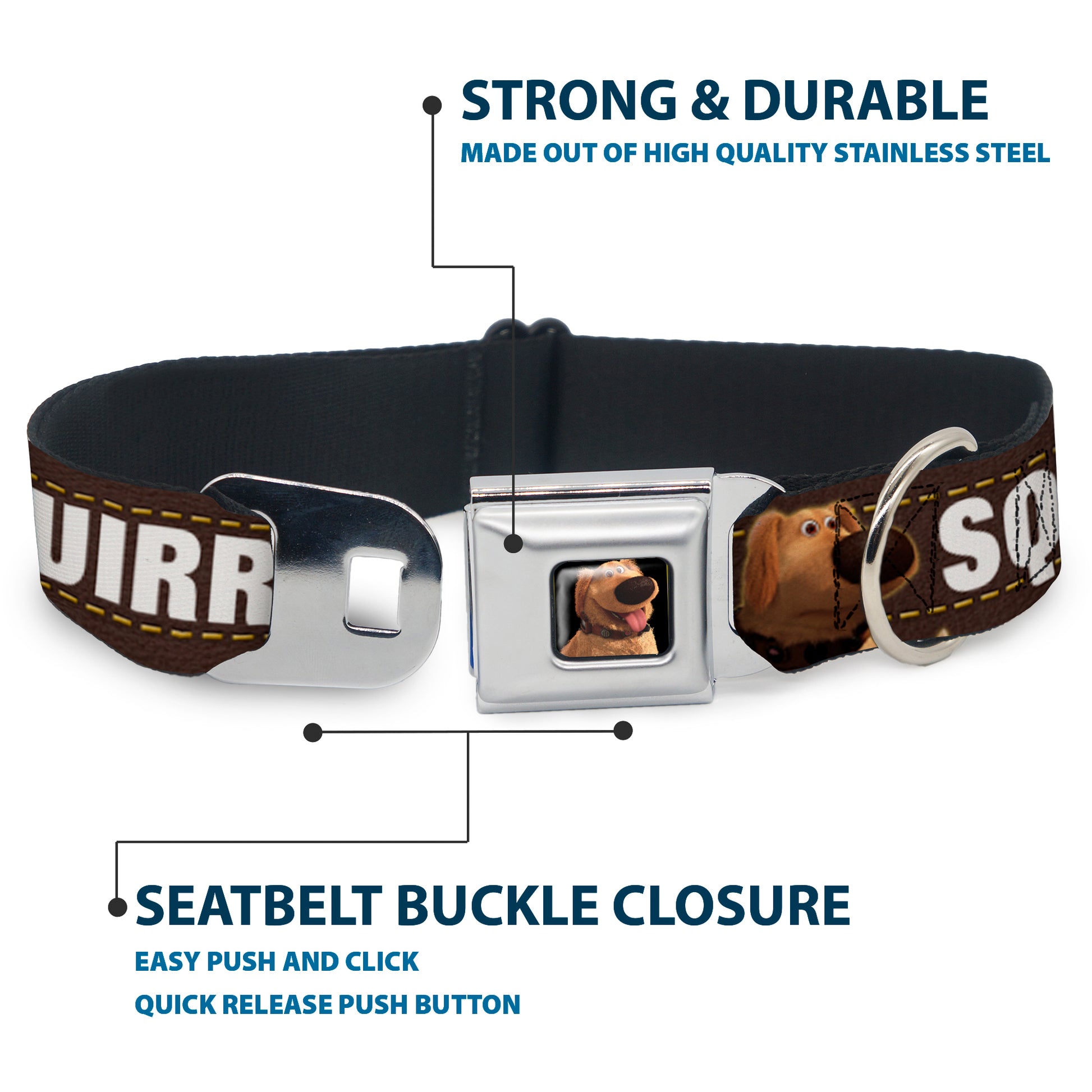 Dug Tongue Out Pose Full Color Black Seatbelt Buckle Collar - Dug 3-Poses/SQUIRREL! Brown/Yellow/White Seatbelt Buckle Collars Disney