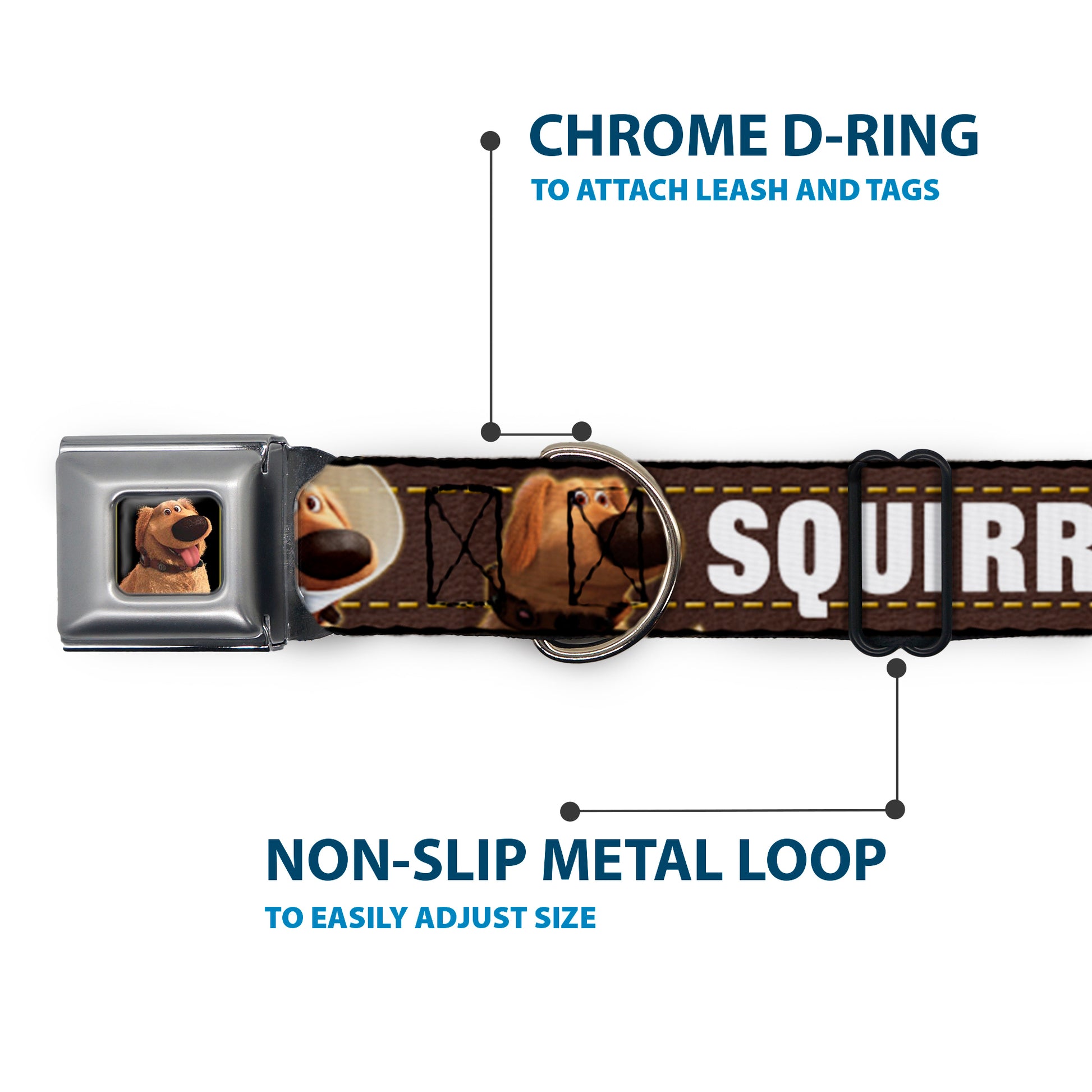 Dug Tongue Out Pose Full Color Black Seatbelt Buckle Collar - Dug 3-Poses/SQUIRREL! Brown/Yellow/White Seatbelt Buckle Collars Disney