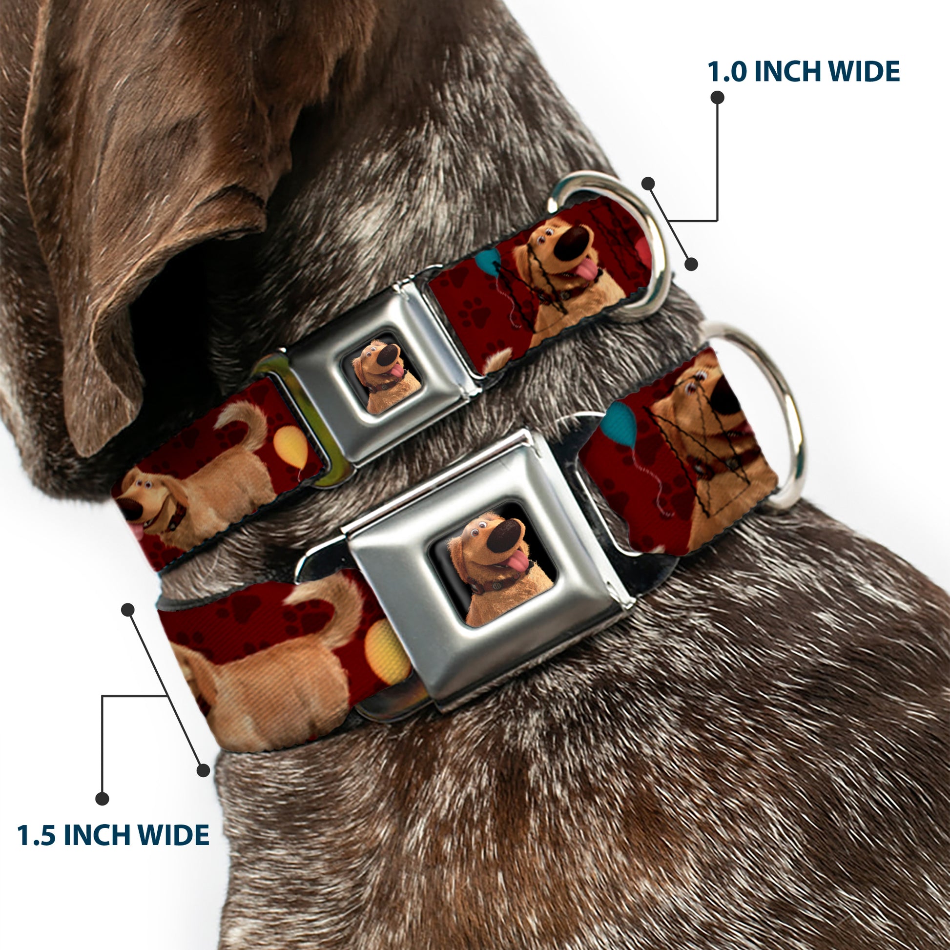 Dug Tongue Out Pose Full Color Black Seatbelt Buckle Collar - Dug 4-Poses/Balloons/Paw Print Reds Seatbelt Buckle Collars Disney