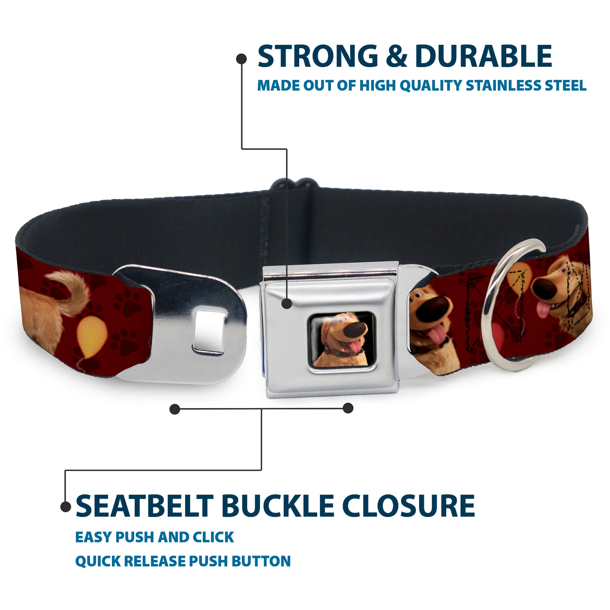 Dug Tongue Out Pose Full Color Black Seatbelt Buckle Collar - Dug 4-Poses/Balloons/Paw Print Reds Seatbelt Buckle Collars Disney