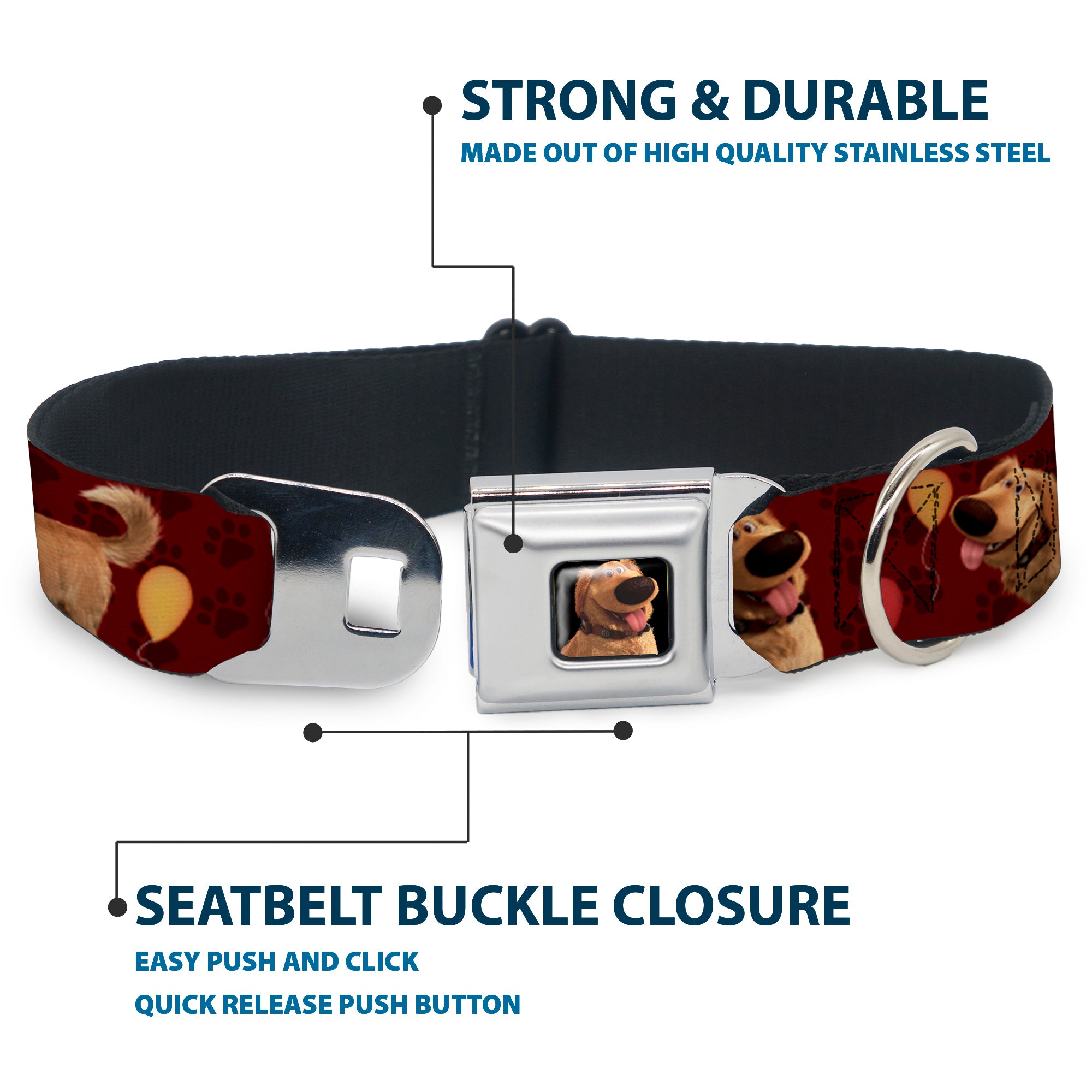 Dug Tongue Out Pose Full Color Black Seatbelt Buckle Collar - Dug 4-Poses/Balloons/Paw Print Reds Seatbelt Buckle Collars Disney