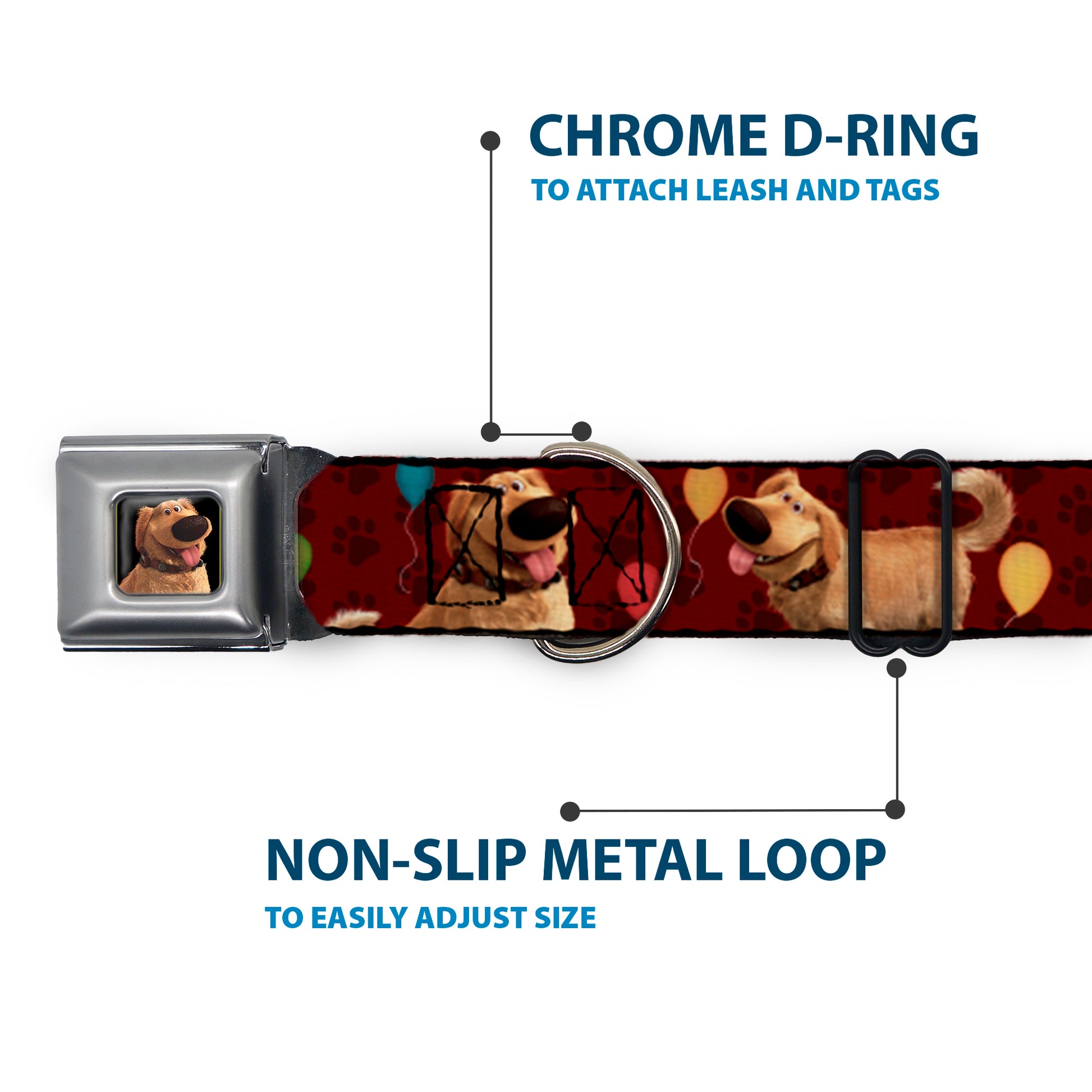 Dug Tongue Out Pose Full Color Black Seatbelt Buckle Collar - Dug 4-Poses/Balloons/Paw Print Reds Seatbelt Buckle Collars Disney