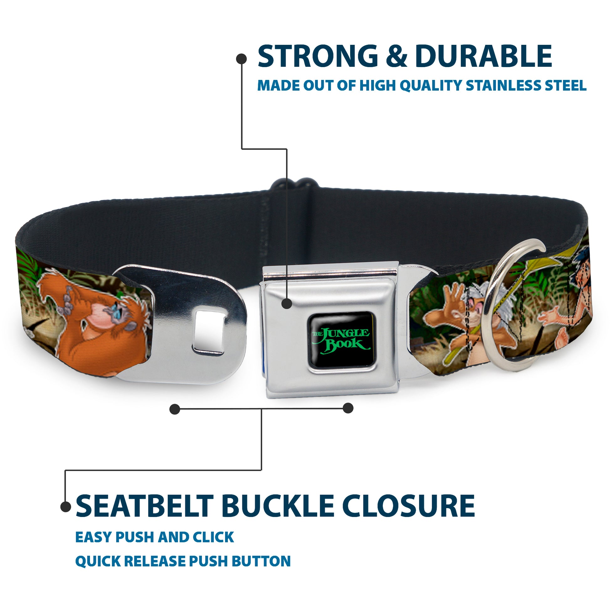 THE JUNGLE BOOK Full Color Black/Green Seatbelt Buckle Collar - The Jungle Book I Wanna Be Like You 4-Character Scene Seatbelt Buckle Collars Disney