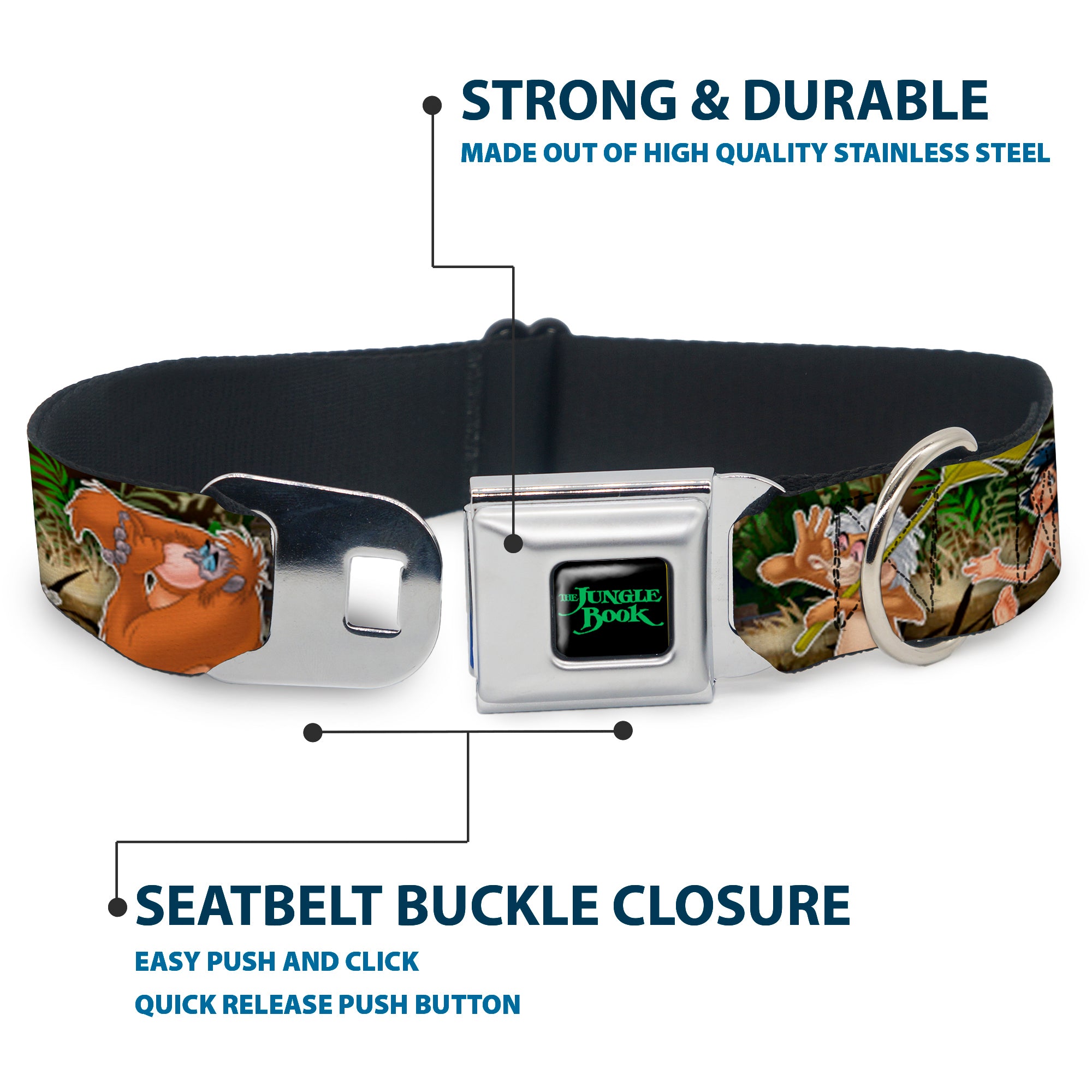 THE JUNGLE BOOK Full Color Black/Green Seatbelt Buckle Collar - The Jungle Book I Wanna Be Like You 4-Character Scene Seatbelt Buckle Collars Disney
