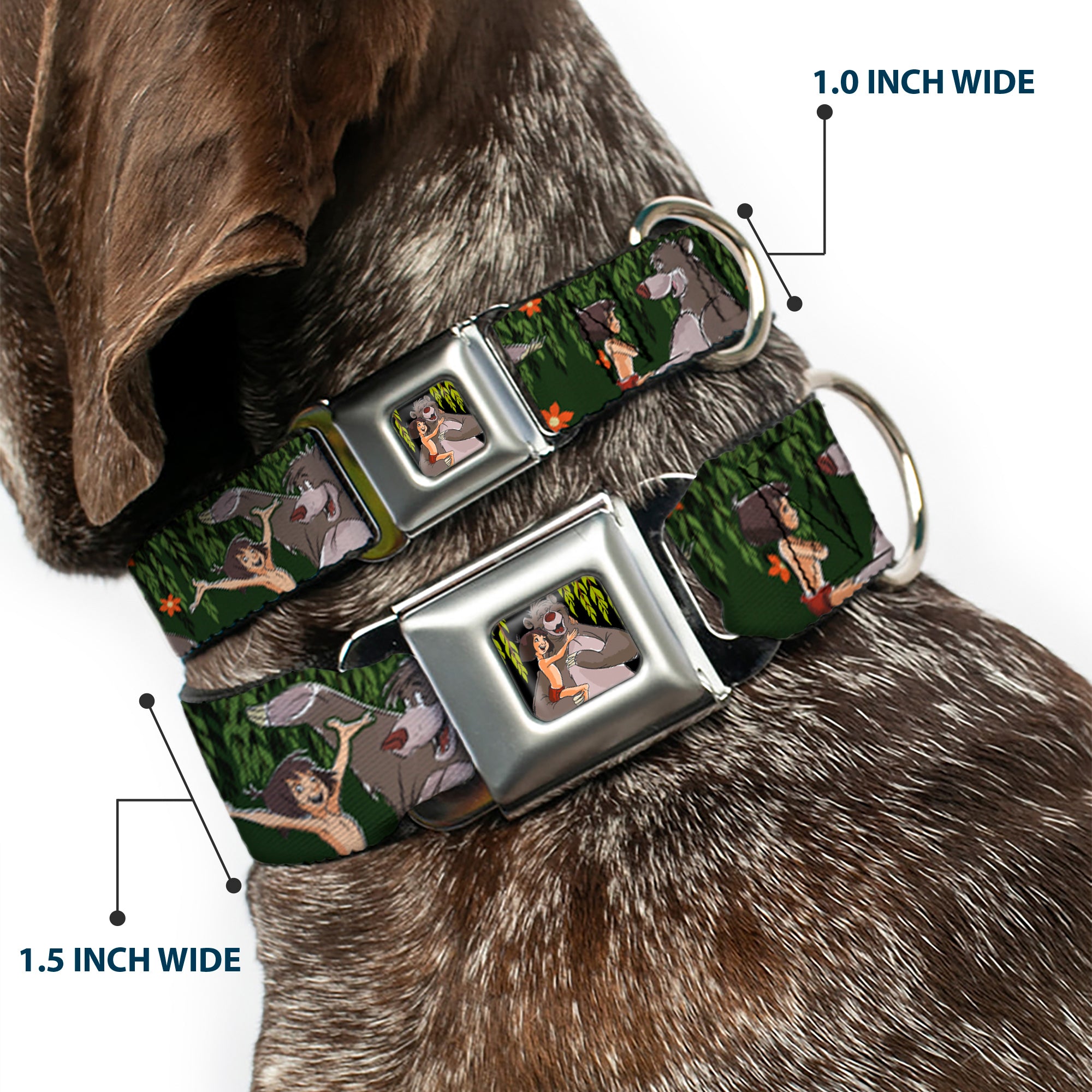 Mowgli & Baloo Hugging/Leaves Full Color Black/Greens Seatbelt Buckle Collar - Mowgli & Baloo 3-Poses Leaves/Flowers Greens/Orange Seatbelt Buckle Collars Disney