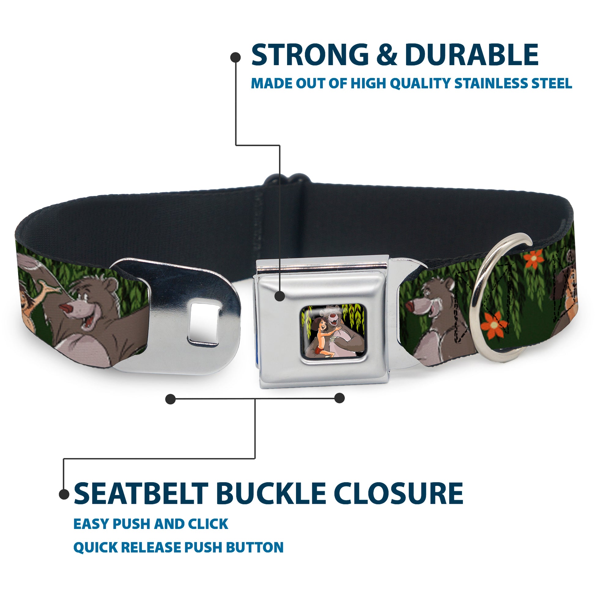 Mowgli & Baloo Hugging/Leaves Full Color Black/Greens Seatbelt Buckle Collar - Mowgli & Baloo 3-Poses Leaves/Flowers Greens/Orange Seatbelt Buckle Collars Disney