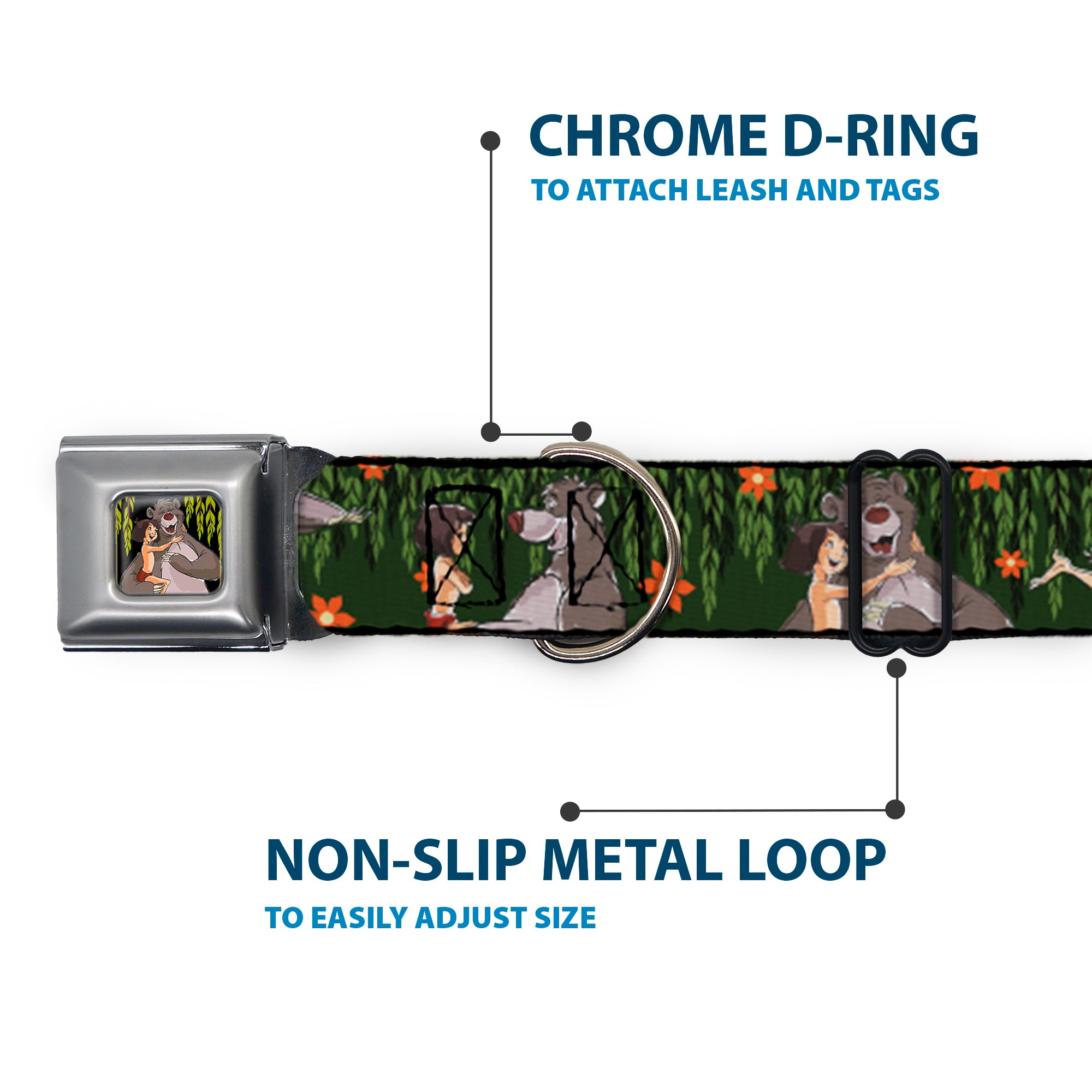 Mowgli & Baloo Hugging/Leaves Full Color Black/Greens Seatbelt Buckle Collar - Mowgli & Baloo 3-Poses Leaves/Flowers Greens/Orange Seatbelt Buckle Collars Disney