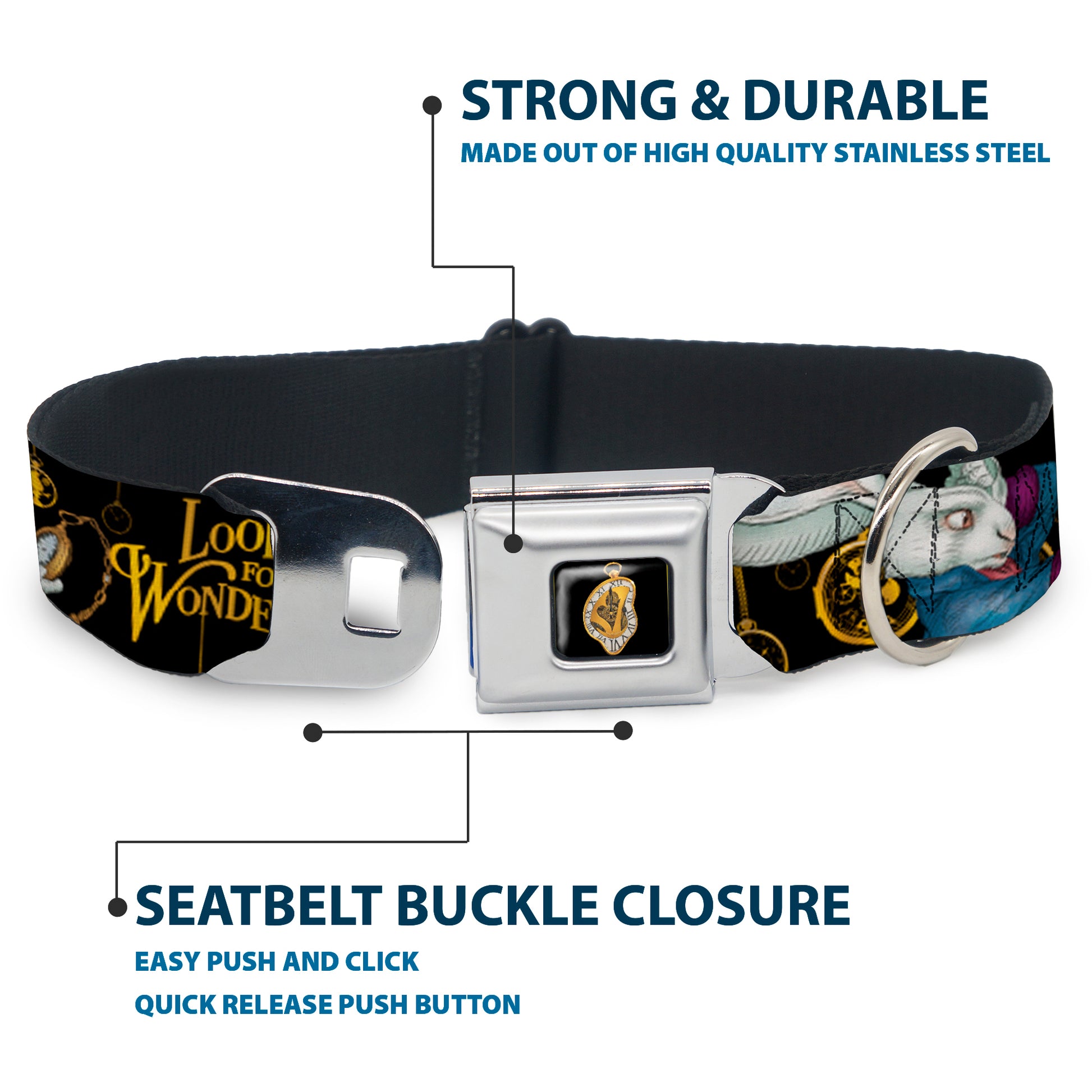 Alice in Wonderland Clock Full Color Black/Gold/White Seatbelt Buckle Collar - White Rabbit Poses LOOKING FOR WONDERLAND/Clocks Black/Golds Seatbelt Buckle Collars Disney