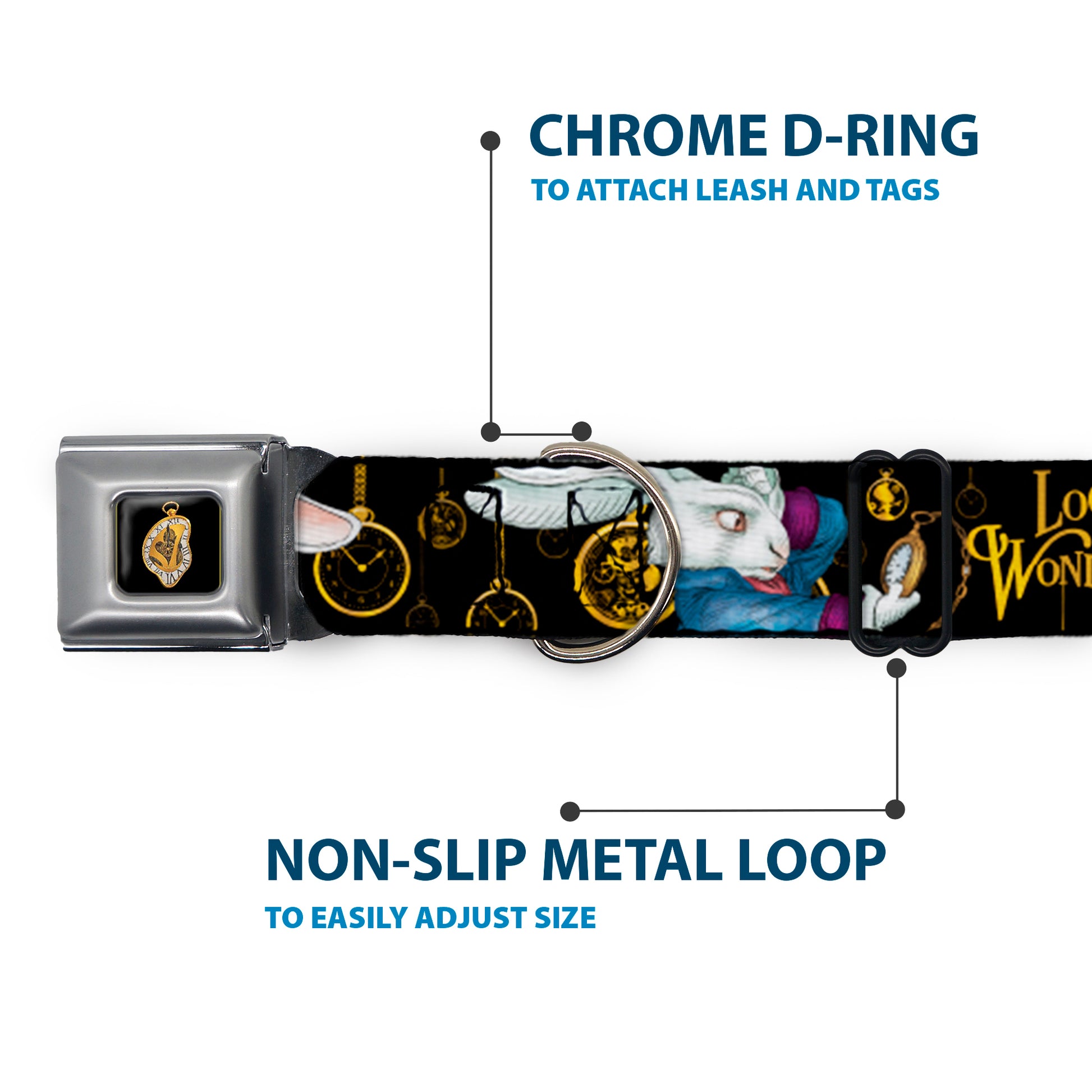 Alice in Wonderland Clock Full Color Black/Gold/White Seatbelt Buckle Collar - White Rabbit Poses LOOKING FOR WONDERLAND/Clocks Black/Golds Seatbelt Buckle Collars Disney