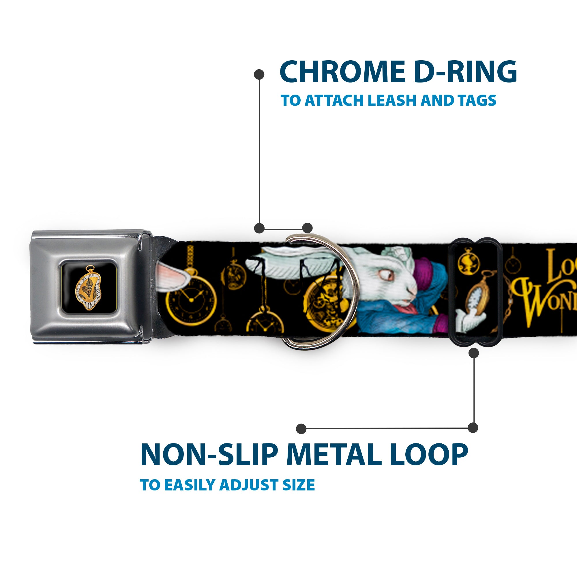Alice in Wonderland Clock Full Color Black/Gold/White Seatbelt Buckle Collar - White Rabbit Poses LOOKING FOR WONDERLAND/Clocks Black/Golds Seatbelt Buckle Collars Disney