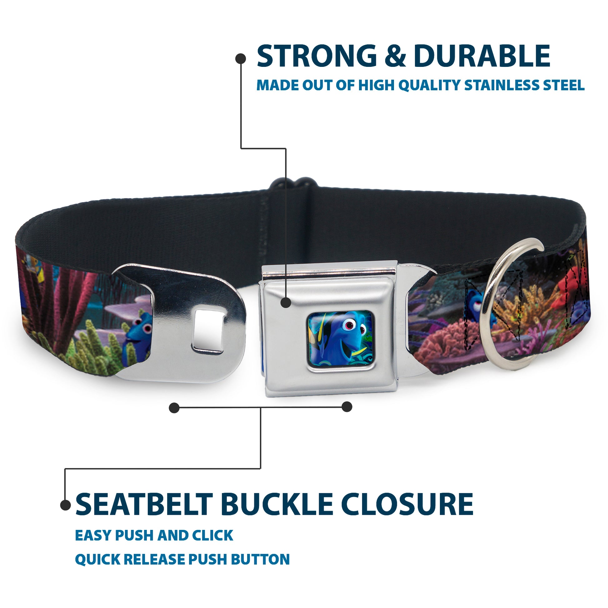 Dory Pose3/Swirls Full Color Blues Seatbelt Buckle Collar - Dory 4-Hiding Poses Under the Sea Seatbelt Buckle Collars Disney