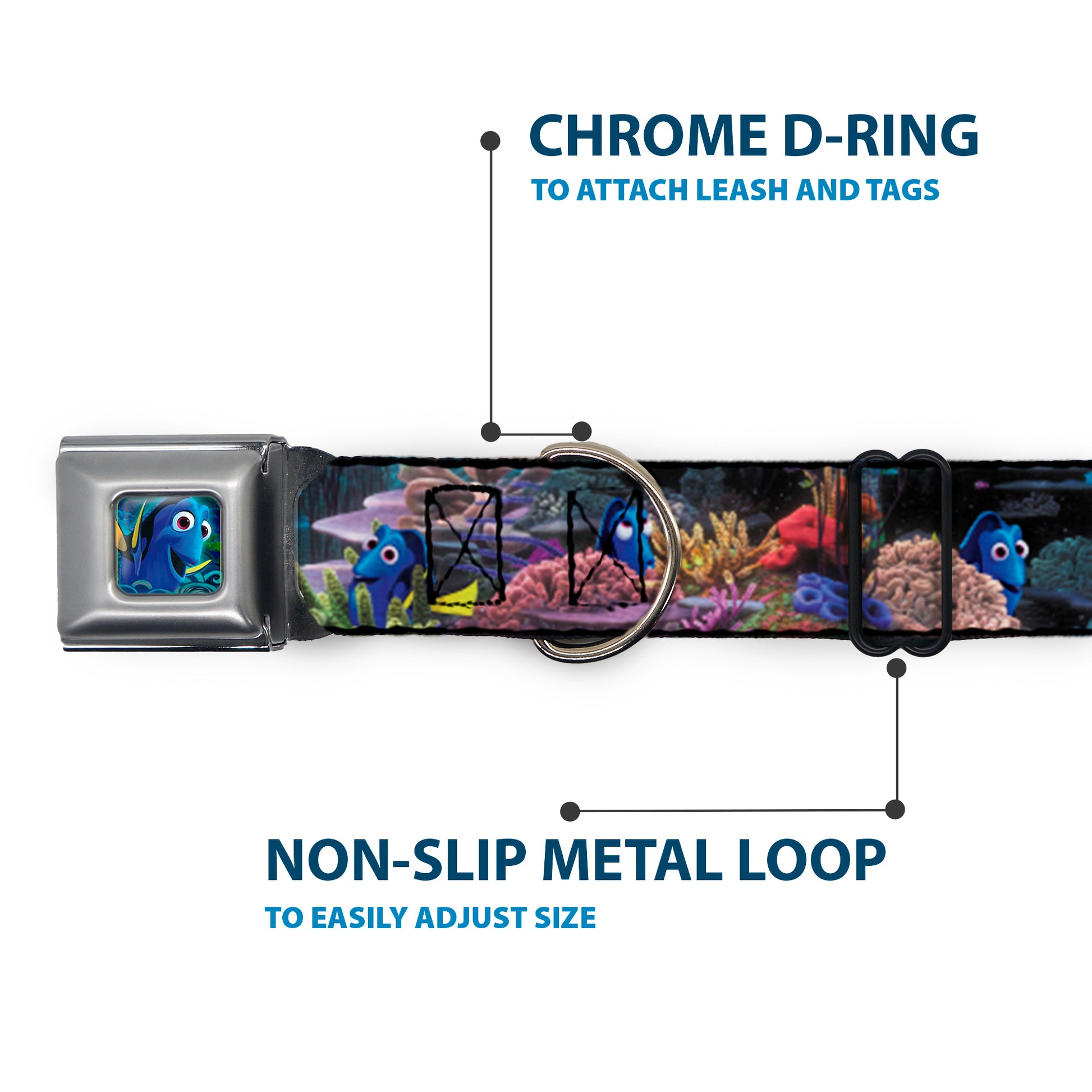 Dory Pose3/Swirls Full Color Blues Seatbelt Buckle Collar - Dory 4-Hiding Poses Under the Sea Seatbelt Buckle Collars Disney