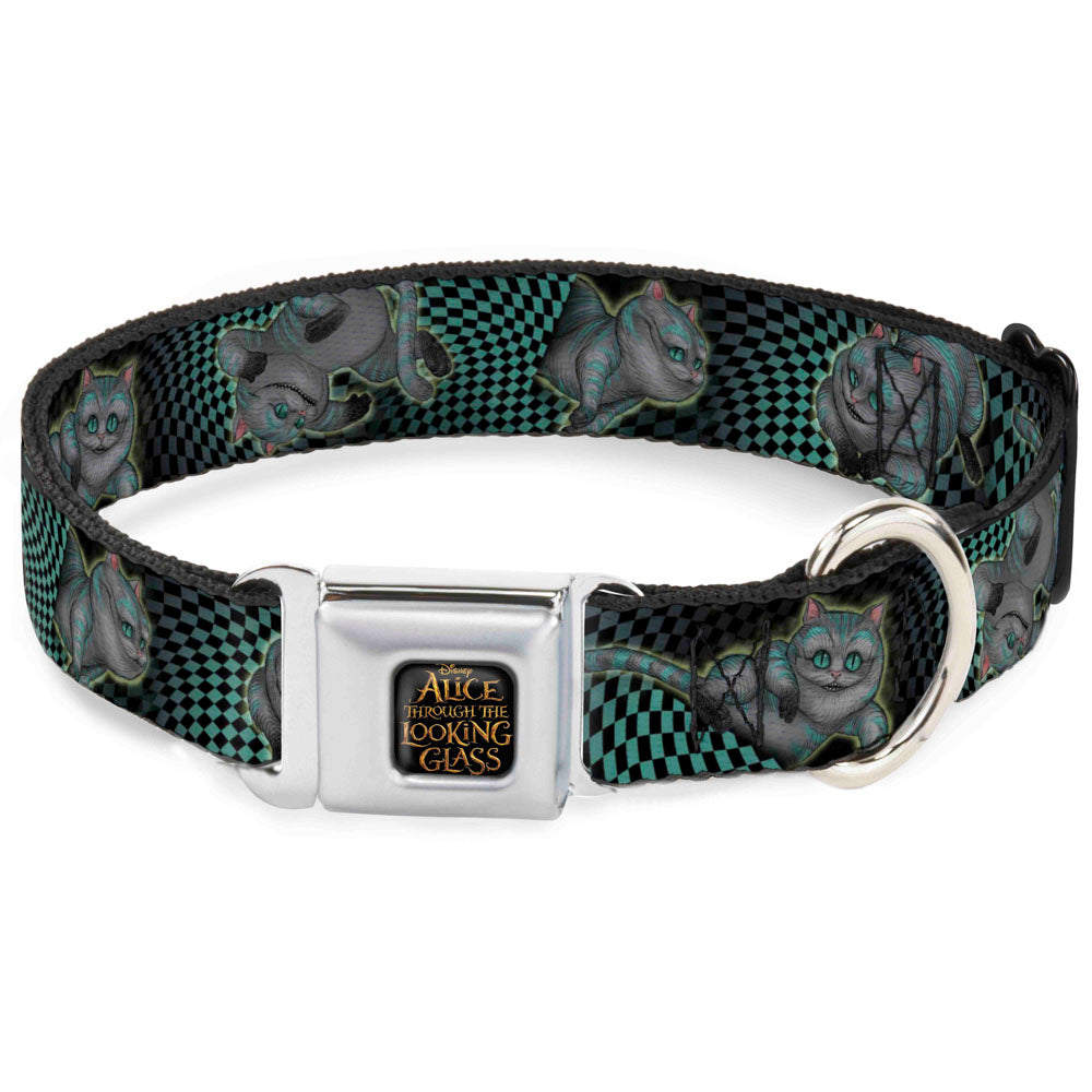 ALICE THROUGH THE LOOKING GLASS Logo Full Color Black/Gold Seatbelt Buckle Collar - Cheshire Cat 4-Poses Checkers Teal/Black Seatbelt Buckle Collars Disney