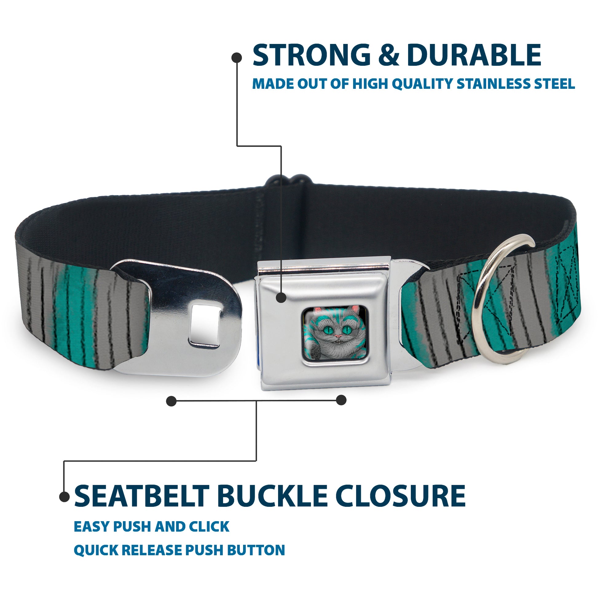 Alice Through the Looking Glass Cheshire Cat Pose Full Color Black Seatbelt Buckle Collar - Cheshire Cat Stripes Gray/Teal/Black Seatbelt Buckle Collars Disney