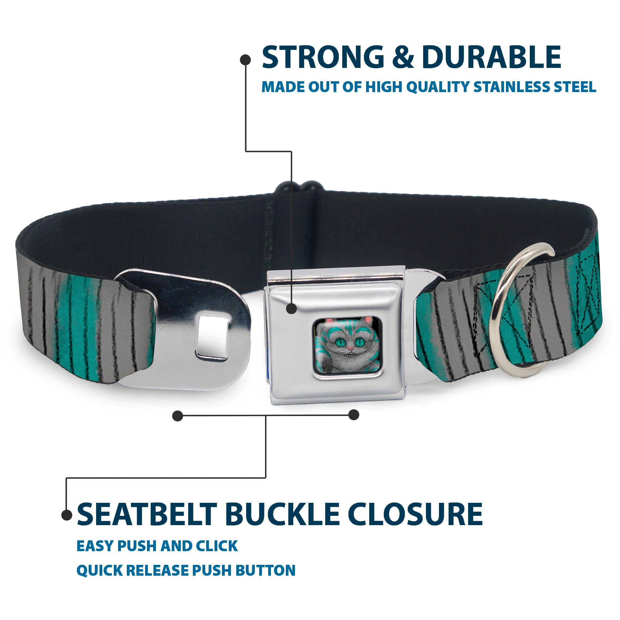 Alice Through the Looking Glass Cheshire Cat Pose Full Color Black Seatbelt Buckle Collar - Cheshire Cat Stripes Gray/Teal/Black Seatbelt Buckle Collars Disney