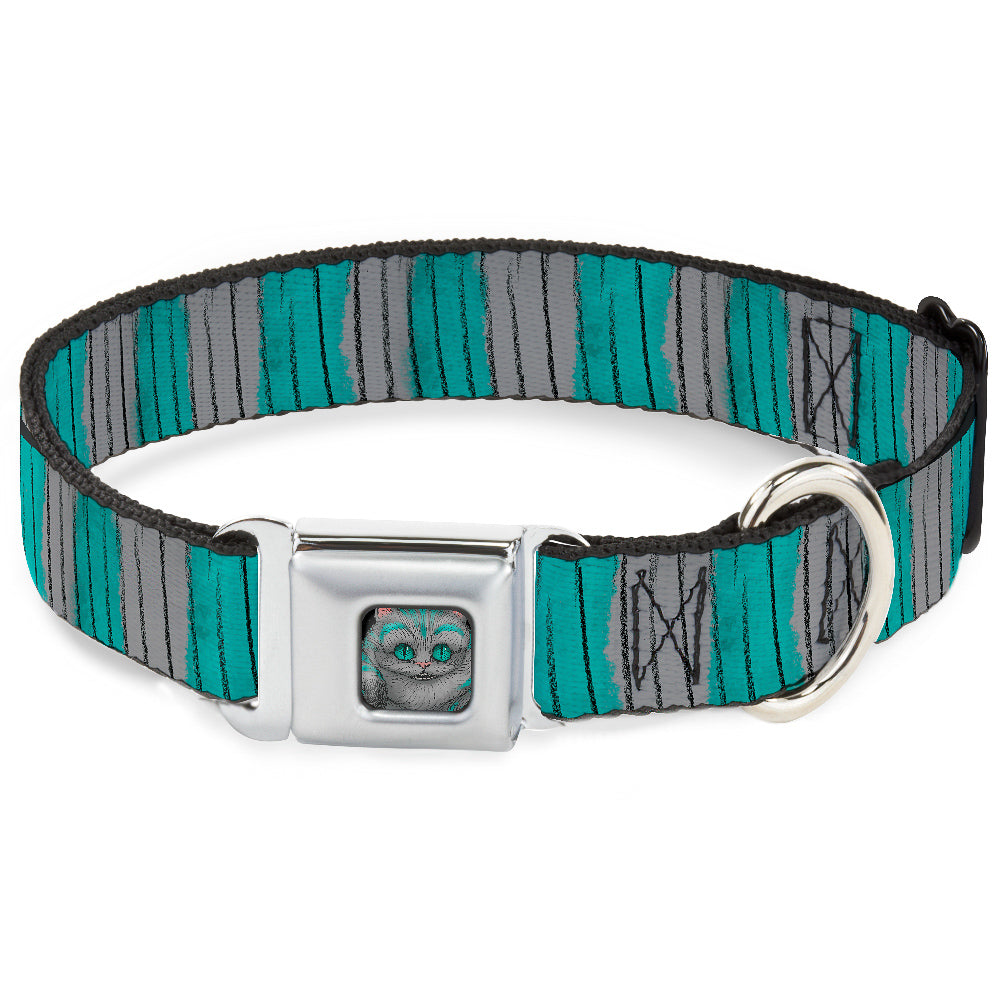 Alice Through the Looking Glass Cheshire Cat Pose Full Color Black Seatbelt Buckle Collar - Cheshire Cat Stripes Gray/Teal/Black Seatbelt Buckle Collars Disney