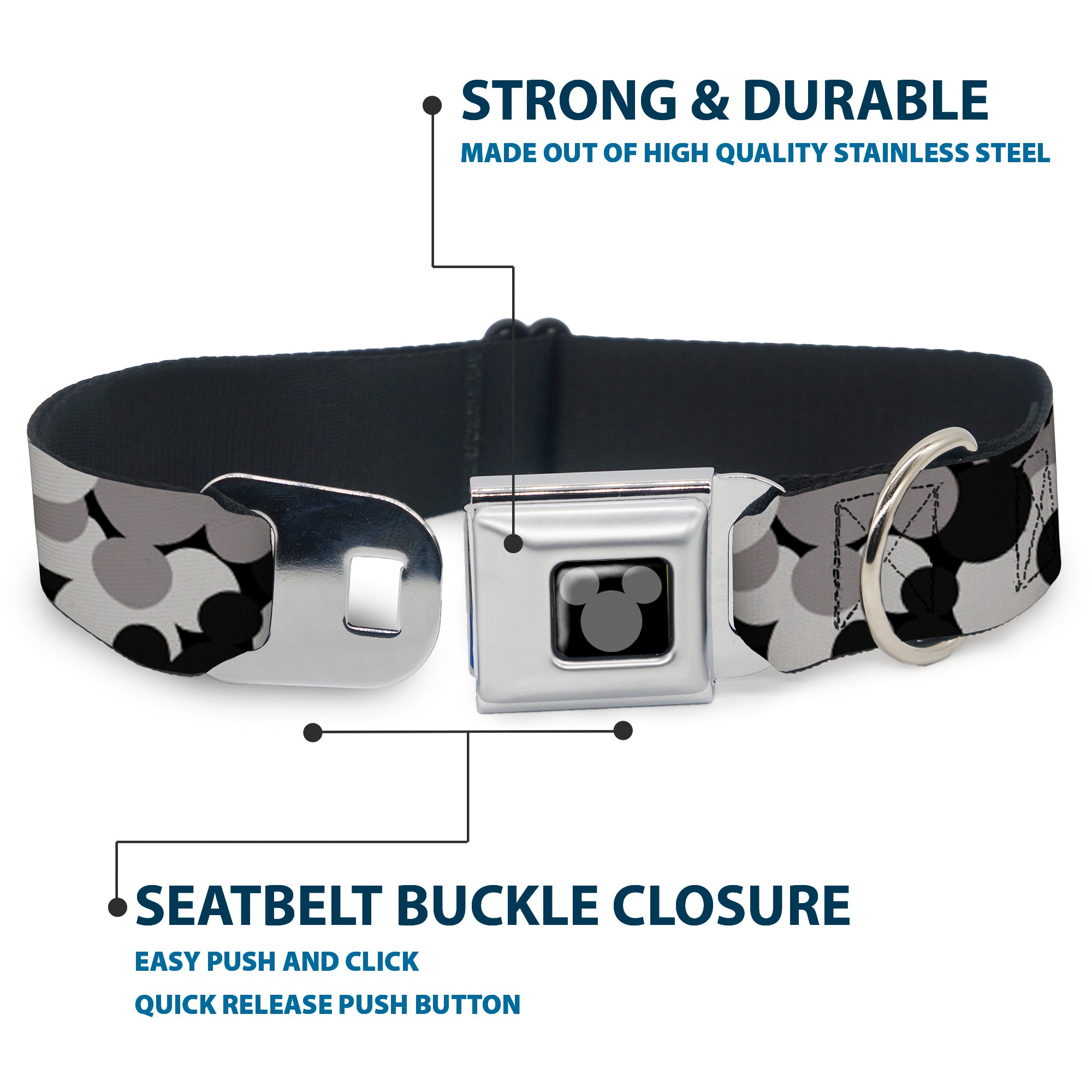 Mickey Mouse Head Silhouette Black Silver Seatbelt Buckle Collar - Mickey Mouse Head Stacked Black/Grays Seatbelt Buckle Collars Disney