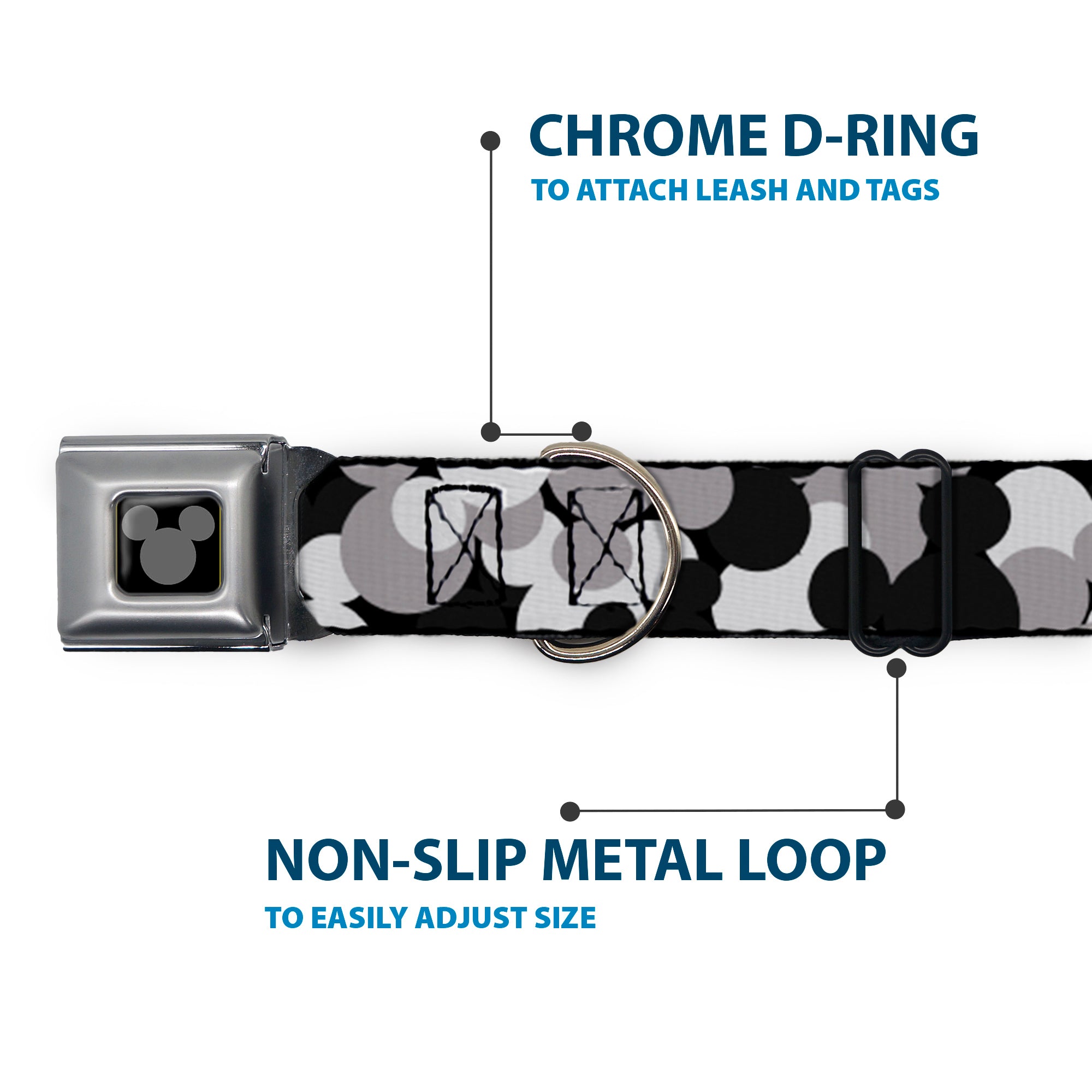 Mickey Mouse Head Silhouette Black Silver Seatbelt Buckle Collar - Mickey Mouse Head Stacked Black/Grays Seatbelt Buckle Collars Disney