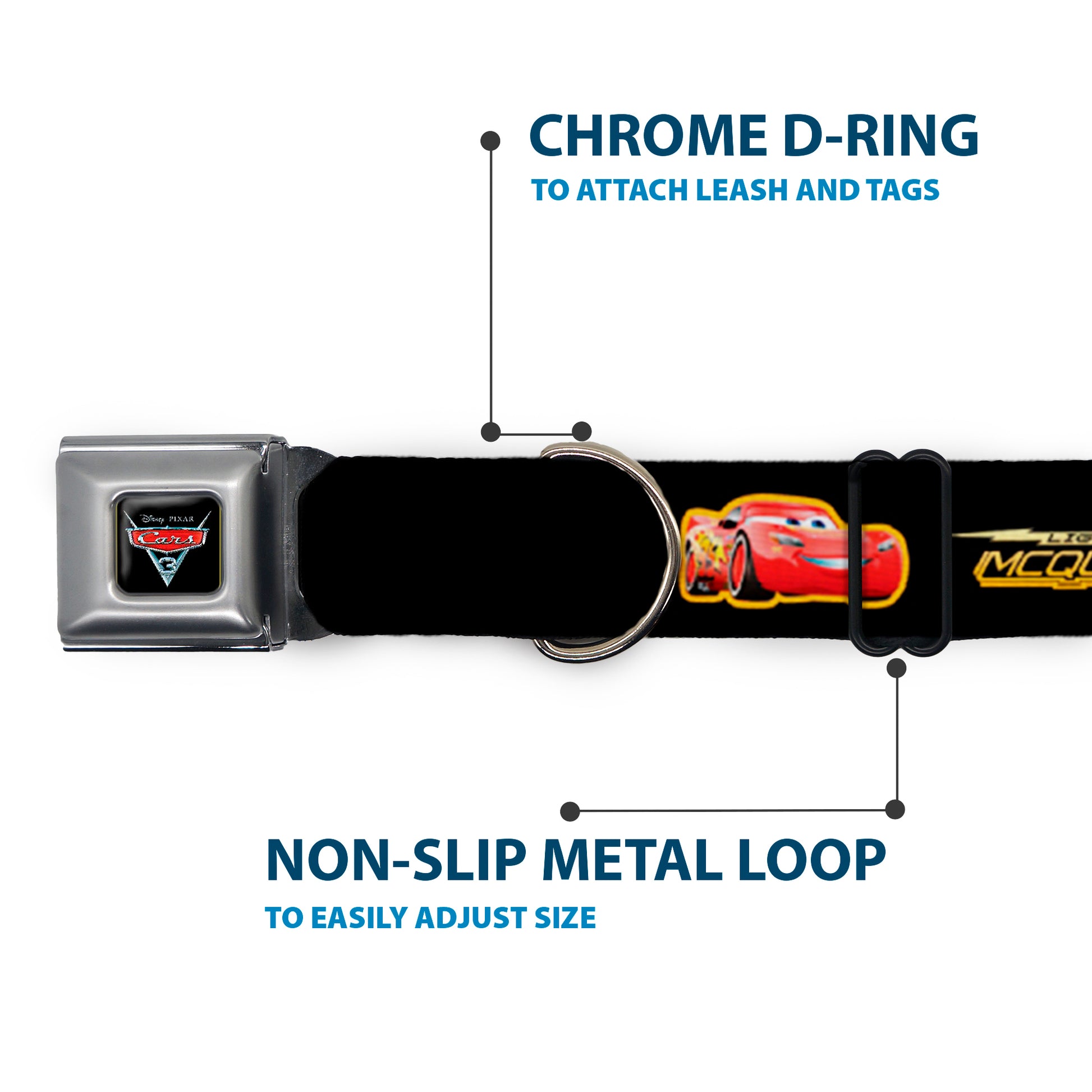CARS 3 Emblem Full Color Black Silver Red Seatbelt Buckle Collar - Cars 3 LIGHTNING MCQUEEN Pose/Bolt Black/Yellows Seatbelt Buckle Collars Disney